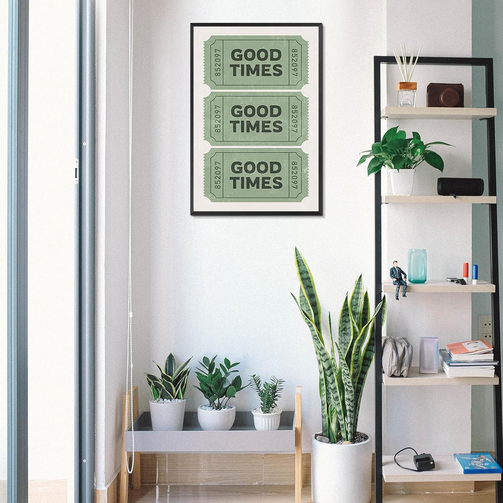 Vintage Funky Green Good Times Ticket Wall Art Print Poster Retro Preppy Room Aesthetic Canvas Wall Art Prints For College Dorm Bathroom Apartment Wall Decor 24x36in Framed
