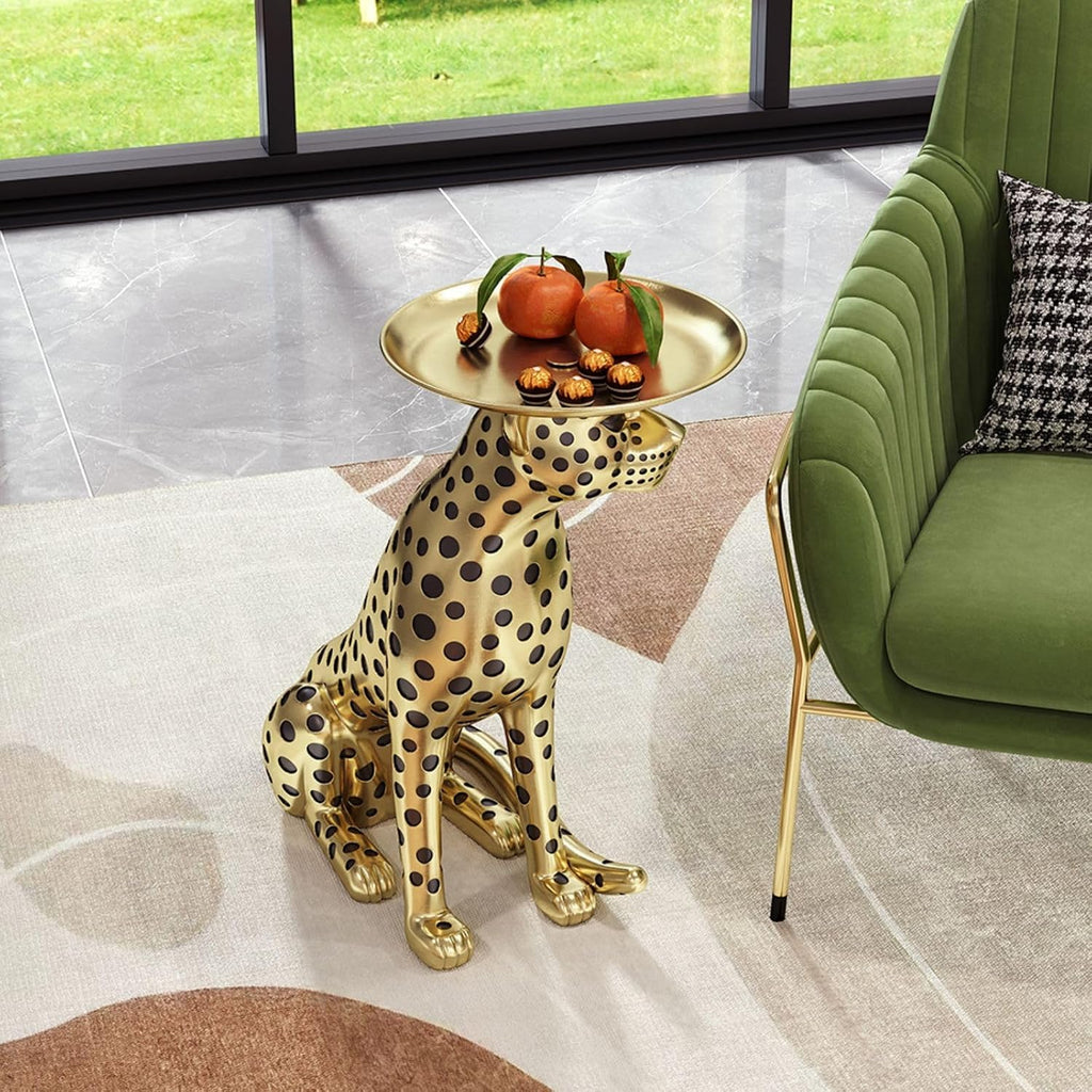homary Animal Side Table with Tray Top– Gold Leopard Statue Panther Figurine End Table Art Decor for Home & Gifts
