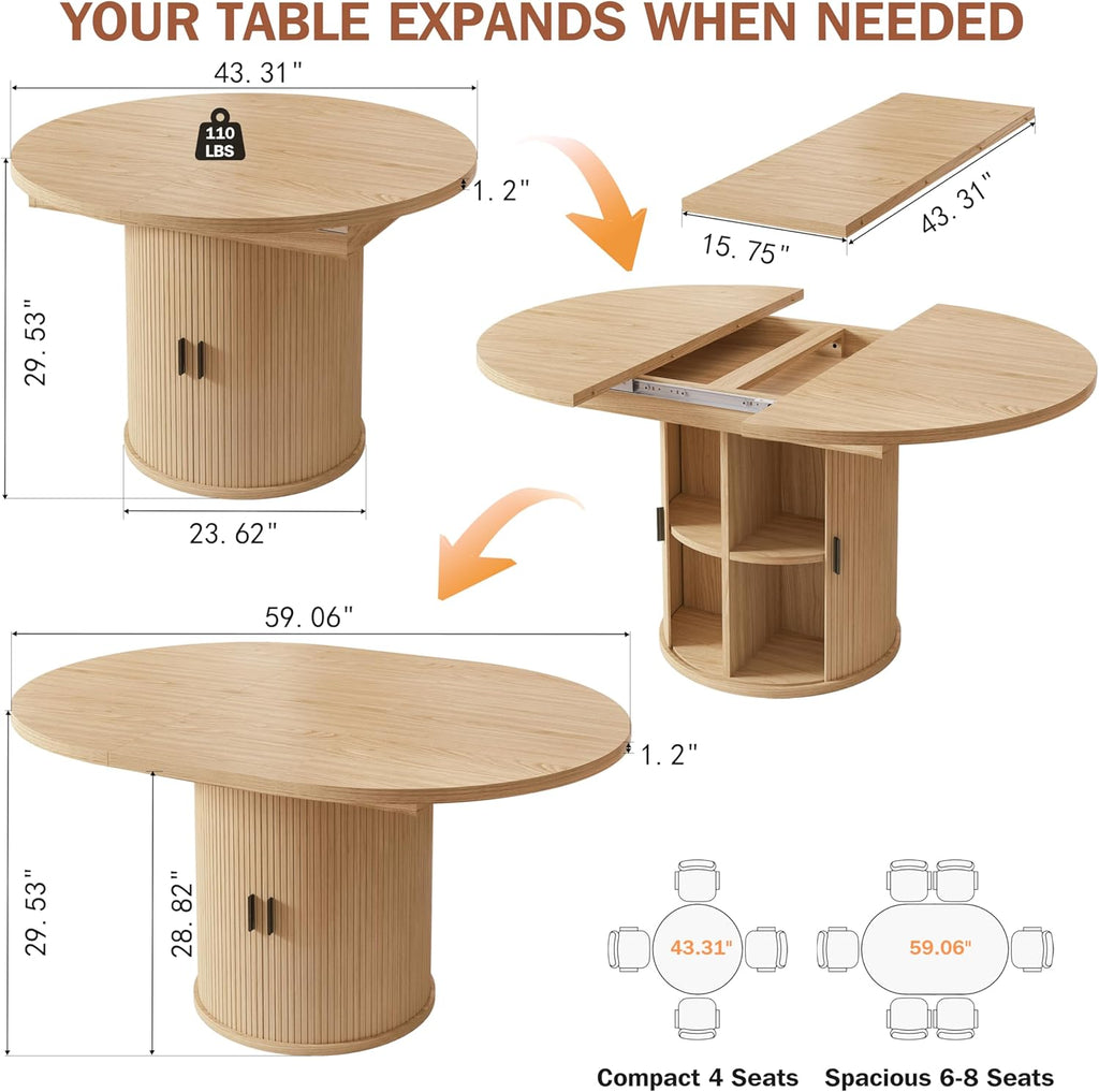 Vipbear Extendable Dining Table 43-59' for 4-6 People, Solid Wood Top with Fluted Slide Door & 8-Compartment Storage, Space Saving Round Dining Room Kitchen Dinner Tables Furniture with Pedestal Base