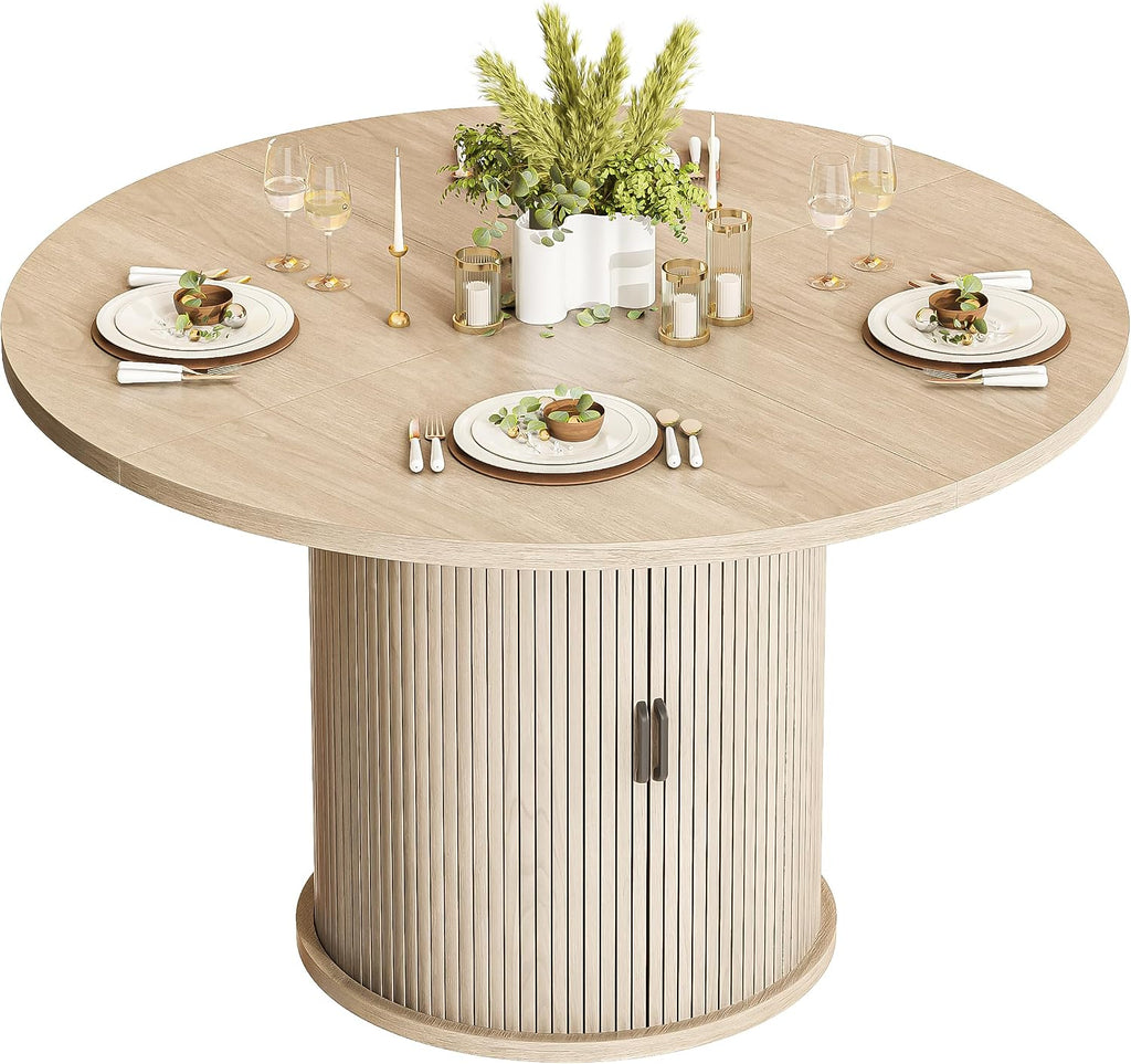 47 Inch Round Dining Table for 4-6 Round Table Kitchen Modern Round Dining Room Table with 2-Layer Storage Shelf and Wood Slide Door Circle Kitchen Tables for Dining Room Oak