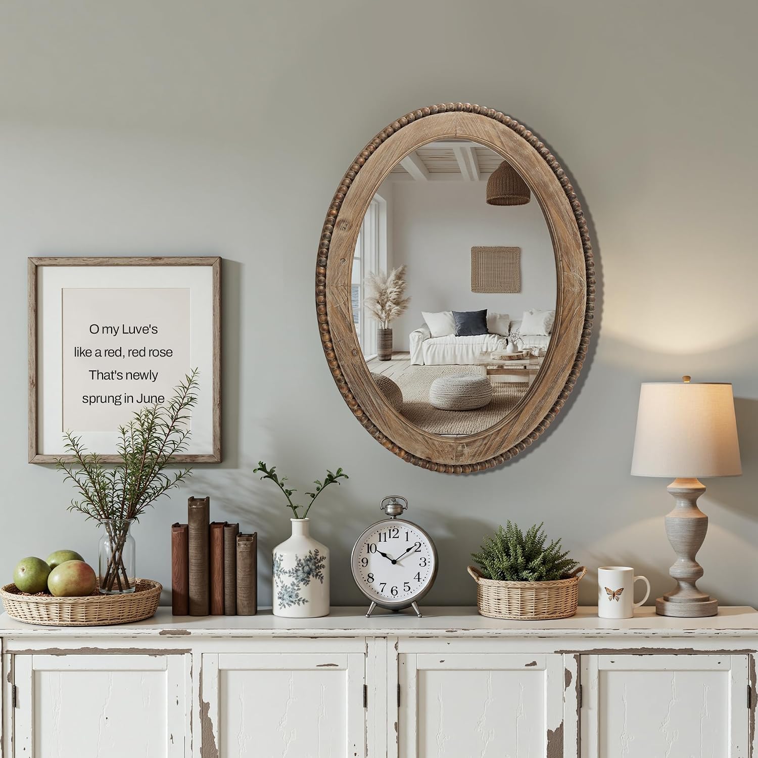LuxenHome Traditional Oval Wall Mirror, 32-Inch Wood Framed Accent Wall Mirrors, Farmhouse Decorative Wooden Mirror Accent Entryway Wall Mirror, Wall Mounted Mirror Living Room Wall Decor