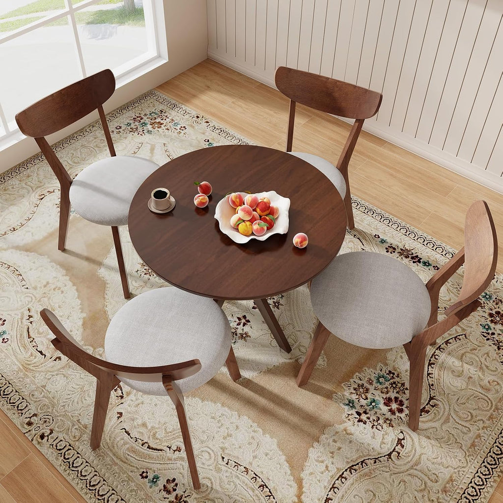 ERGOMASTER 5-Piece Dining Table Set for 4, 36' Kitchen Round Table with 4 Chairs, Rubber Wood Legs, Brown