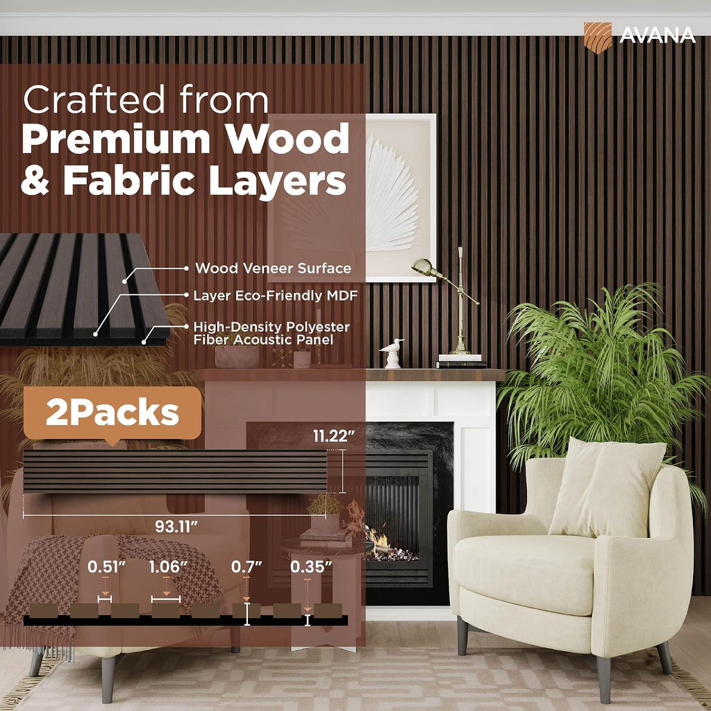 Avana Acoustic Wood Wall Panels –93.2x11.25 Inch Panels – Fits 94x12 Layout – Dark Walnut Acoustic Panels 2 PCs – Wall Panels For Interior Wall Decor for Homes, Offices – Pleasing Wood Panels For Wall