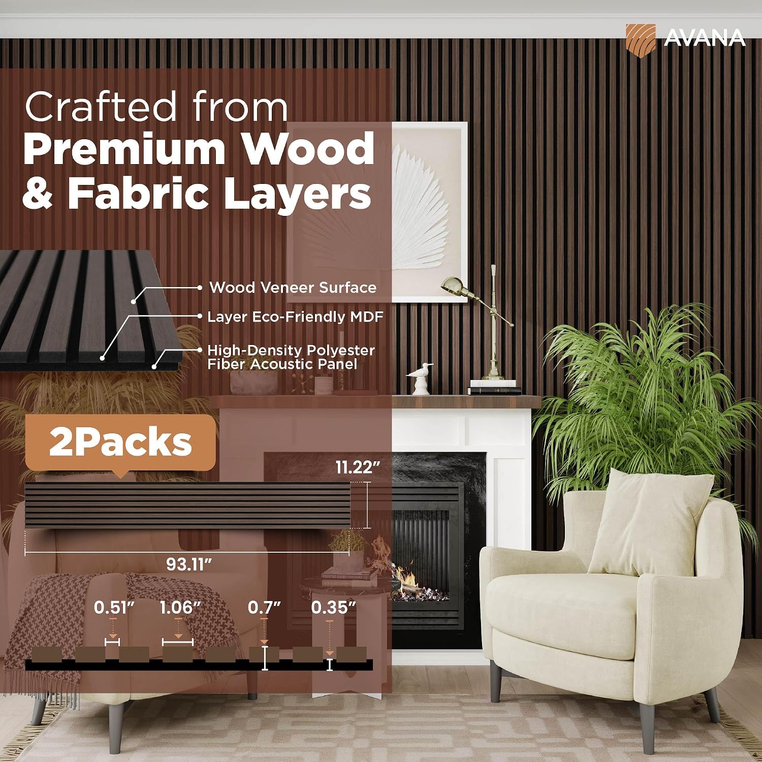 Avana Acoustic Wood Wall Panels –93.2x11.25 Inch Panels – Fits 94x12 Layout – Dark Walnut Acoustic Panels 2 PCs – Wall Panels For Interior Wall Decor for Homes, Offices – Pleasing Wood Panels For Wall