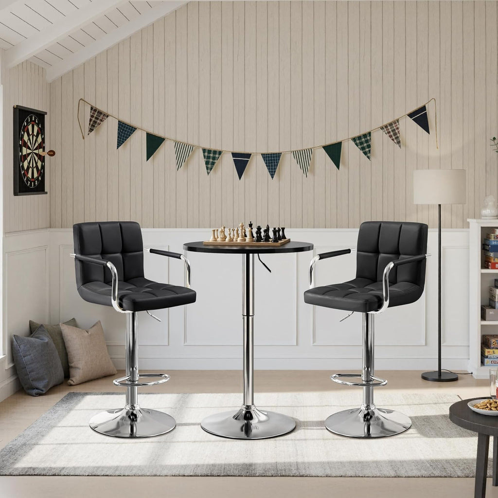 Yaheetech 3-Piece Round Bar Table and PU Leather Adjustable Swivel Chairs, Modern Counter Height Table Set with 2 Bar Stool for Kitchen, Black