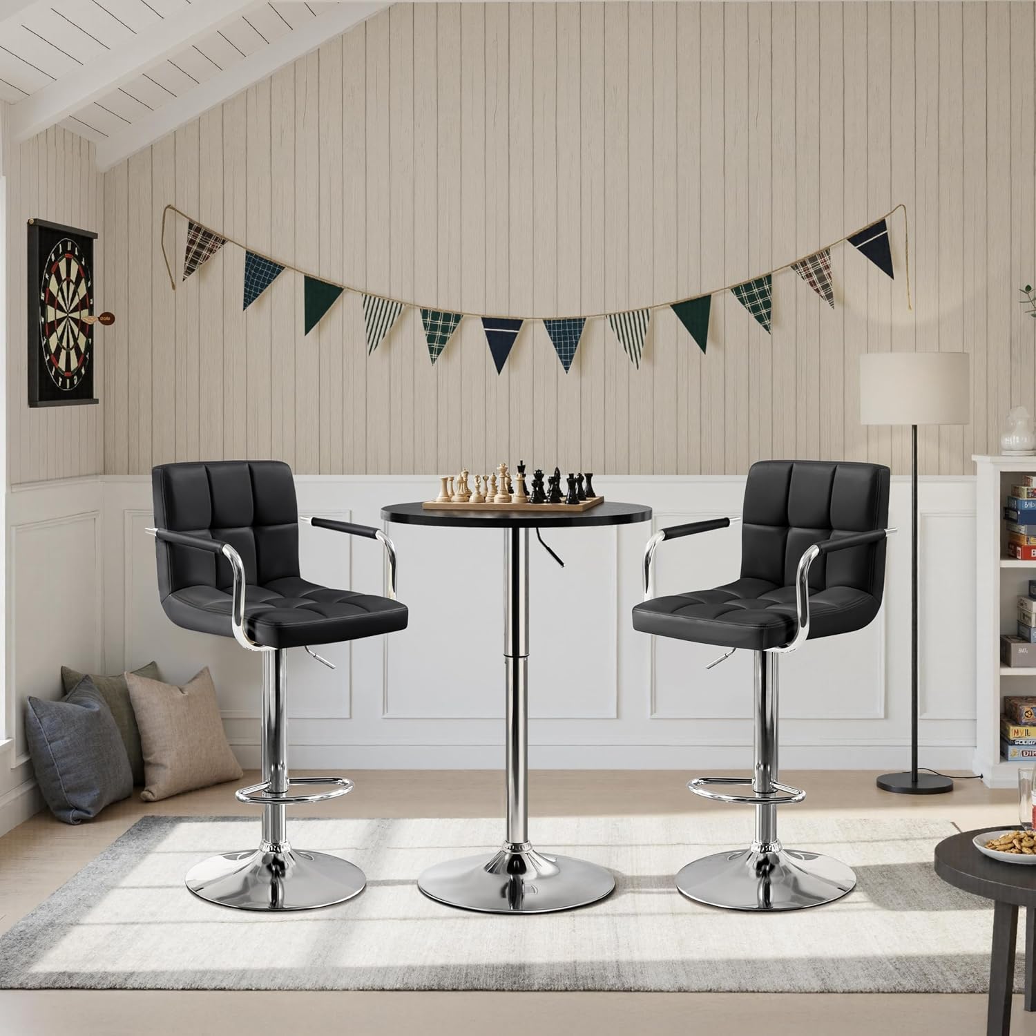 Yaheetech 3-Piece Round Bar Table and PU Leather Adjustable Swivel Chairs, Modern Counter Height Table Set with 2 Bar Stool for Kitchen, Black