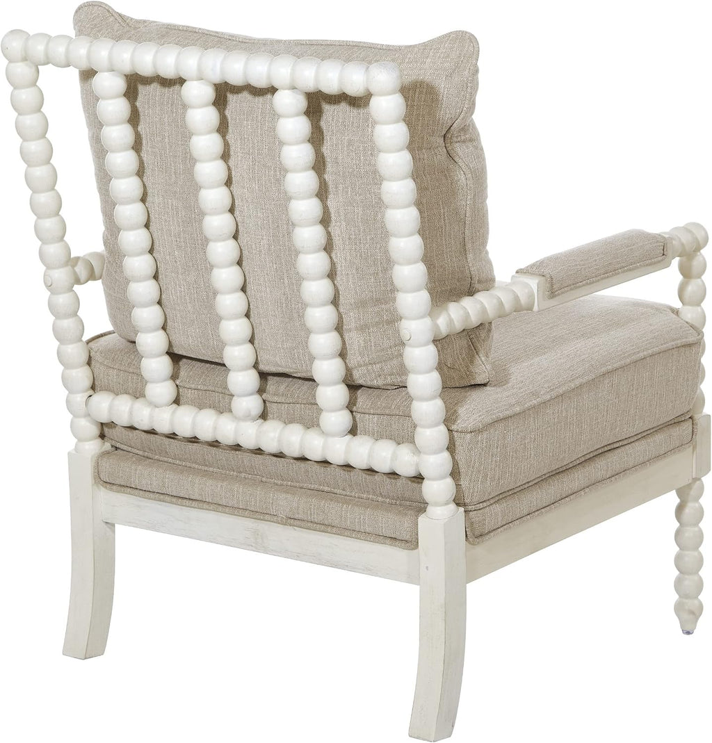 OSP Home Furnishings Kaylee Spindle Accent Chair with Antique White Wood Frame, Beige Linen Fabric