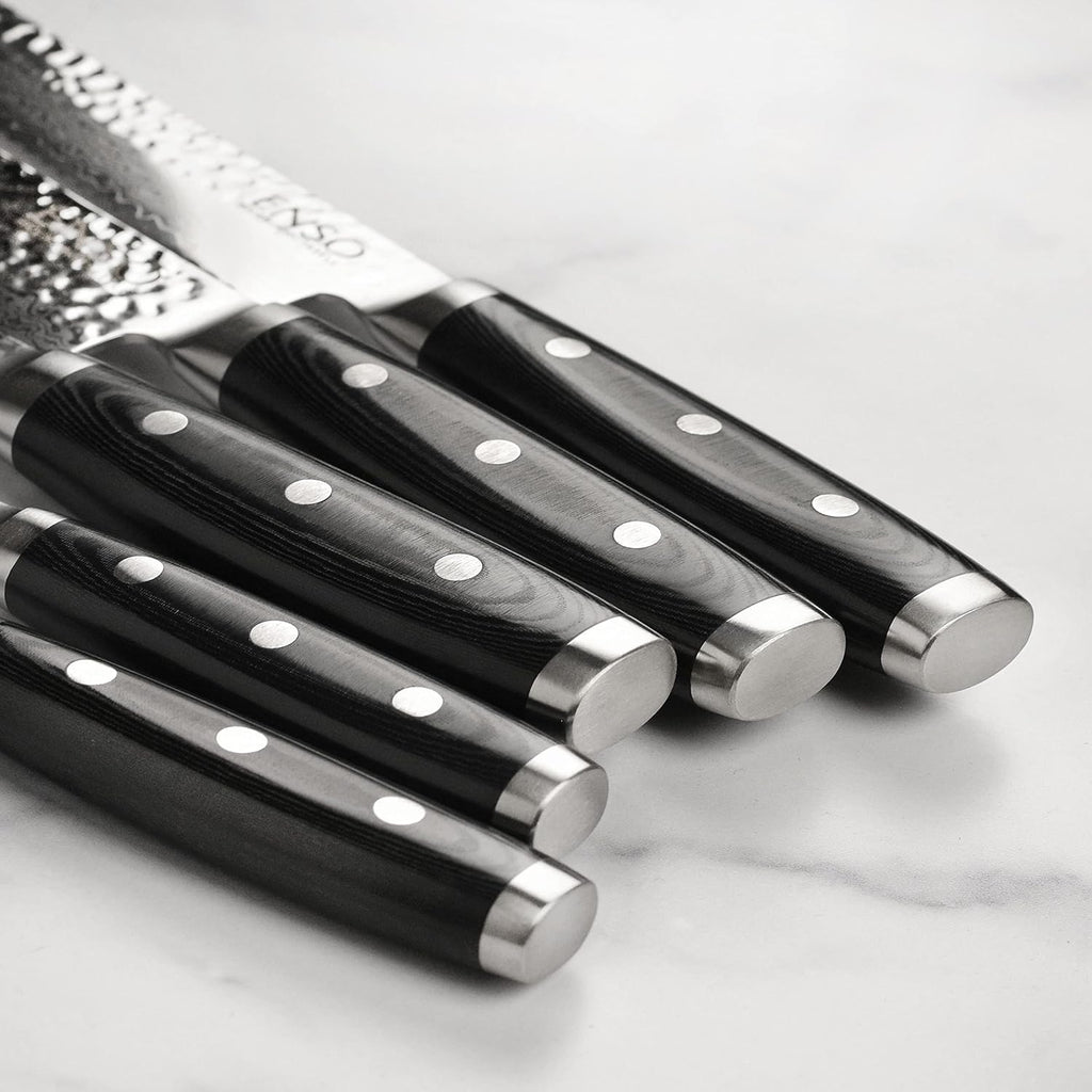 Enso Knife Set - Made in Japan - HD Series - VG10 Hammered Damascus Japanese Stainless Steel with Birch Knife Block - 7 Piece