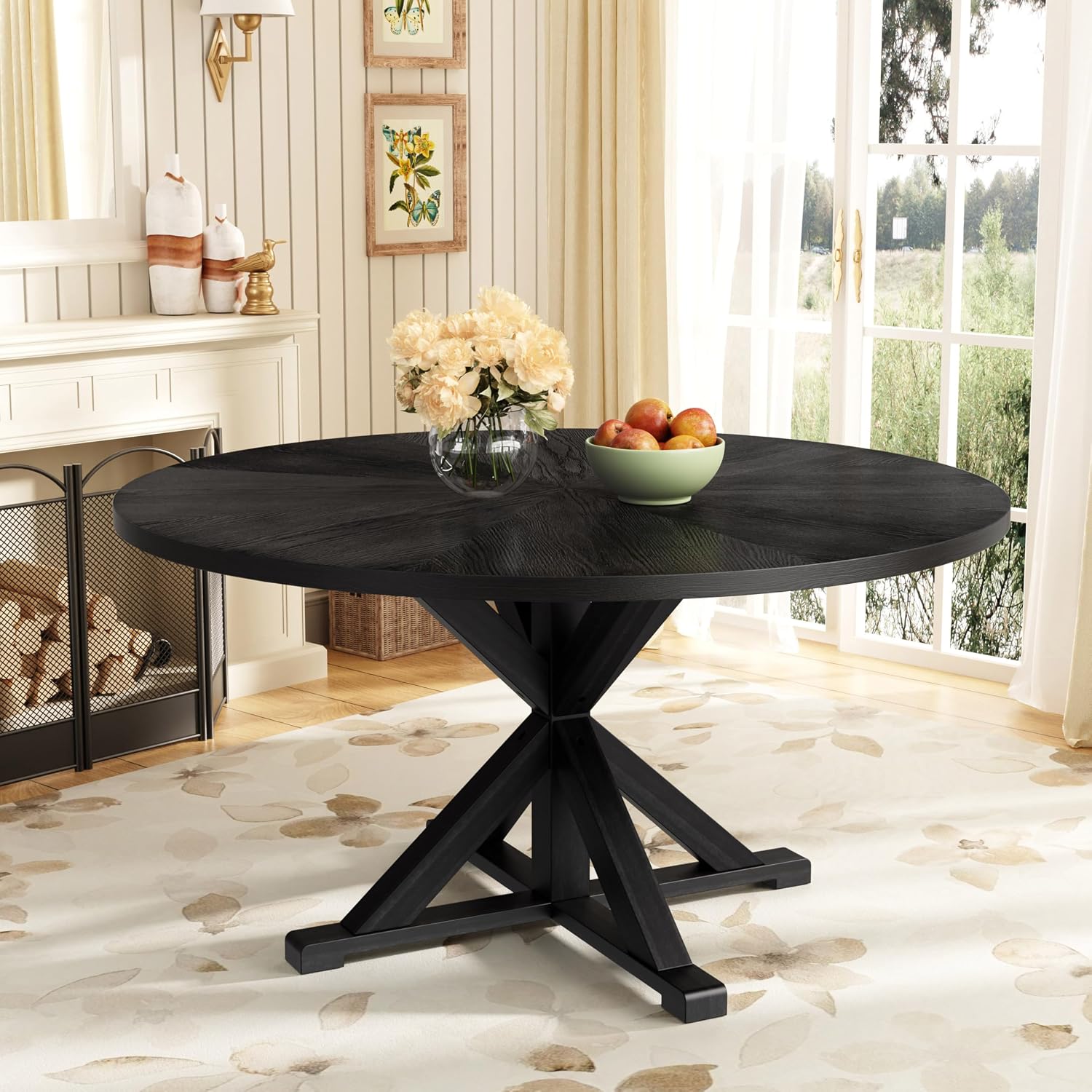 59' Solid Wood Round Dining Table for 6-8, Rustic Round Dining Room Table for Home Dining Room, Kitchen, Living Room, Wooden Trestle Pedestal Base, Black