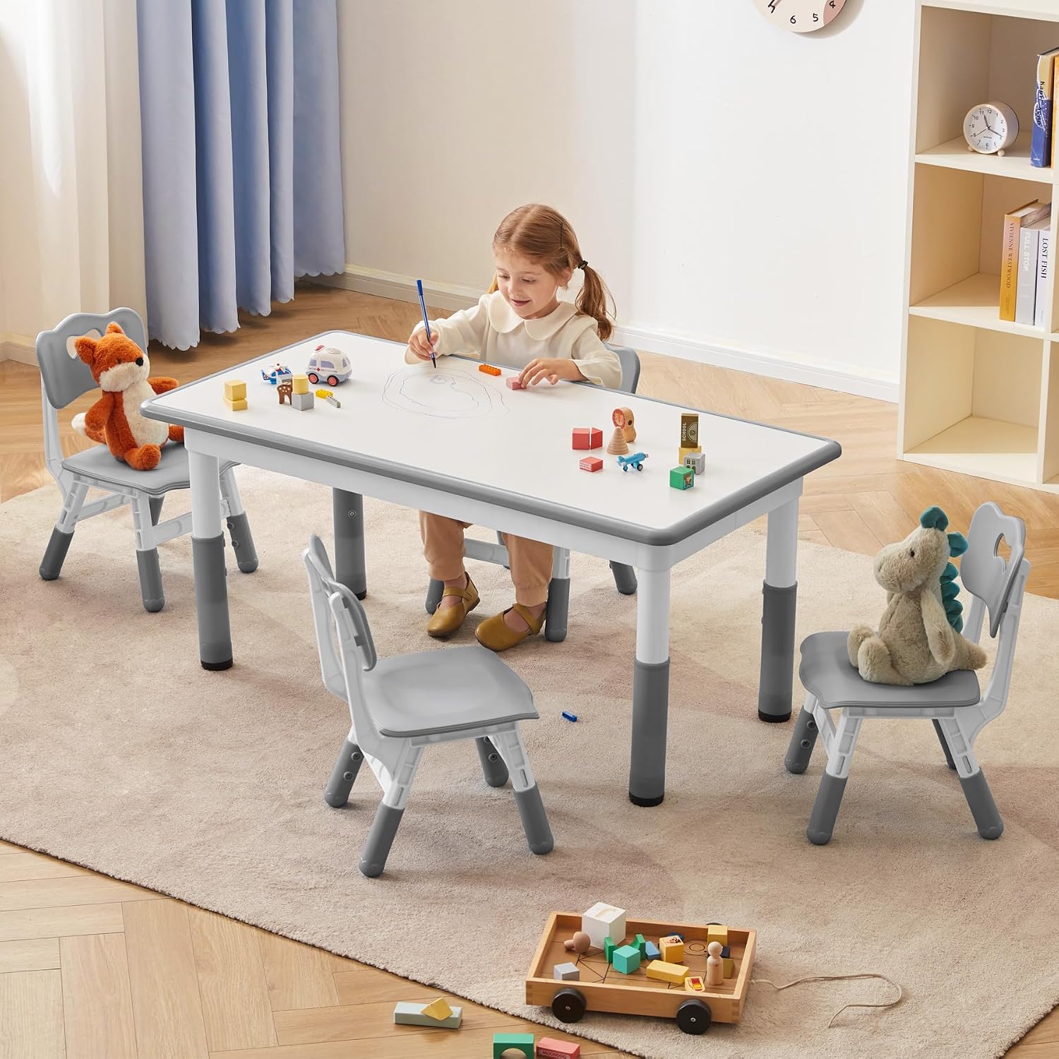 GITAWUSA Kids Study Table and Chairs Set, Height Adjustable Toddler Table and Chair Set for Kids Ages 3-8, Graffiti Desktop (Grey)