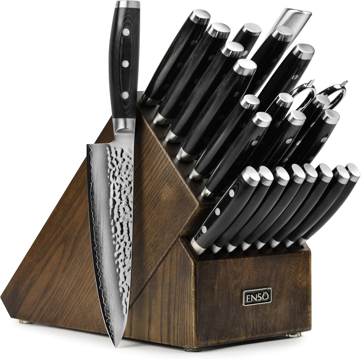 Enso Knife Set - Made in Japan - HD Series - VG10 Hammered Damascus Japanese Stainless Steel with Dark Ash Knife Block - 25 Piece
