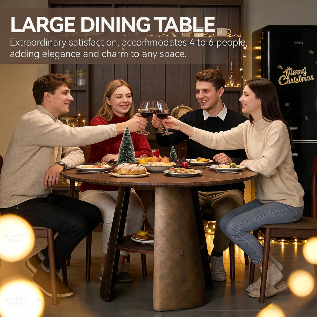 47' Round Dining Table for 4 to 6, Mid Century Modern Dining Table with Brushed Carbon Steel Base & Storage Shelf, Space Saving Kitchen Dining Room Table for Living Room Apartment Small Space, Walnut