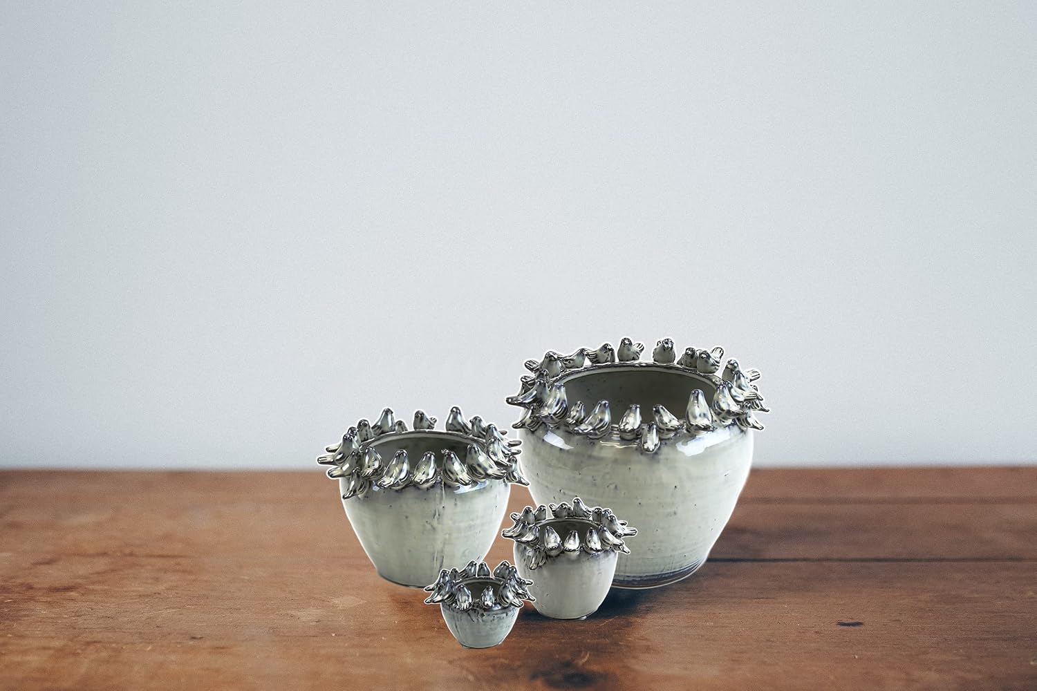 WGV Ceramic Bird Decor Bowl Vase, Birds on Rim Planter Pot for Accent Décor, Home Decoration, Set of 4 Pieces