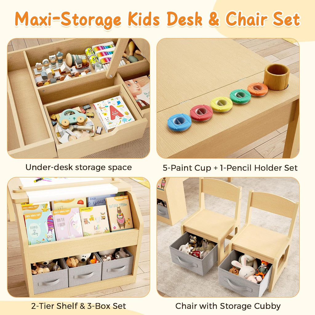 5-in-1 Kids Art Table and Chairs, Toddler Table and Chair Set, Craft Play Desk for Kids, Convertible Art Easel with Paper Roll Holder & Storage Drawers, Children Activity Learning Center-Wood