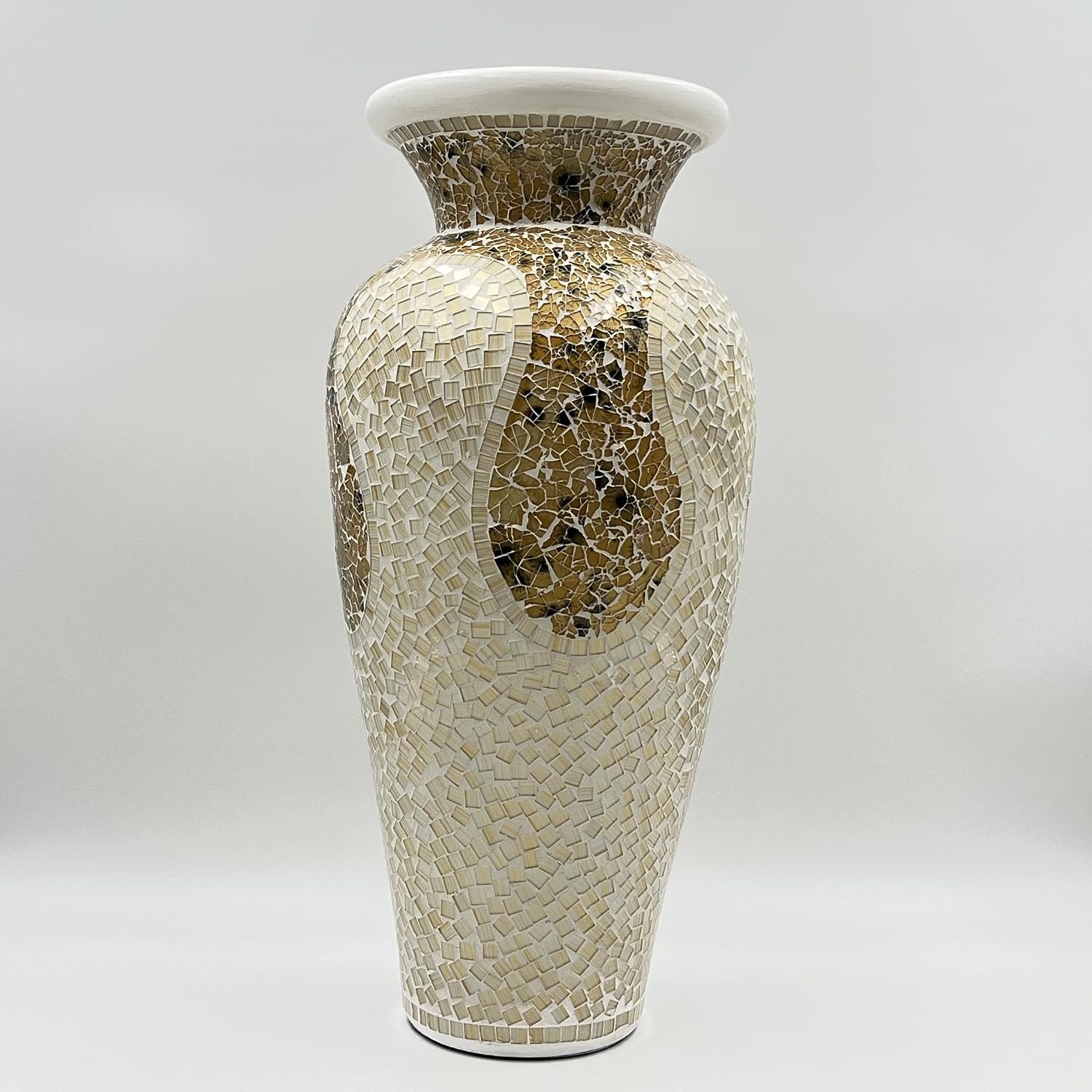 Floor Vase – Tall Cylinder Made of Terracotta with Light Caramel and White Glass Mosaic Pieces – Exquisite Home Décor Accent Piece (24 x 10 Inches)