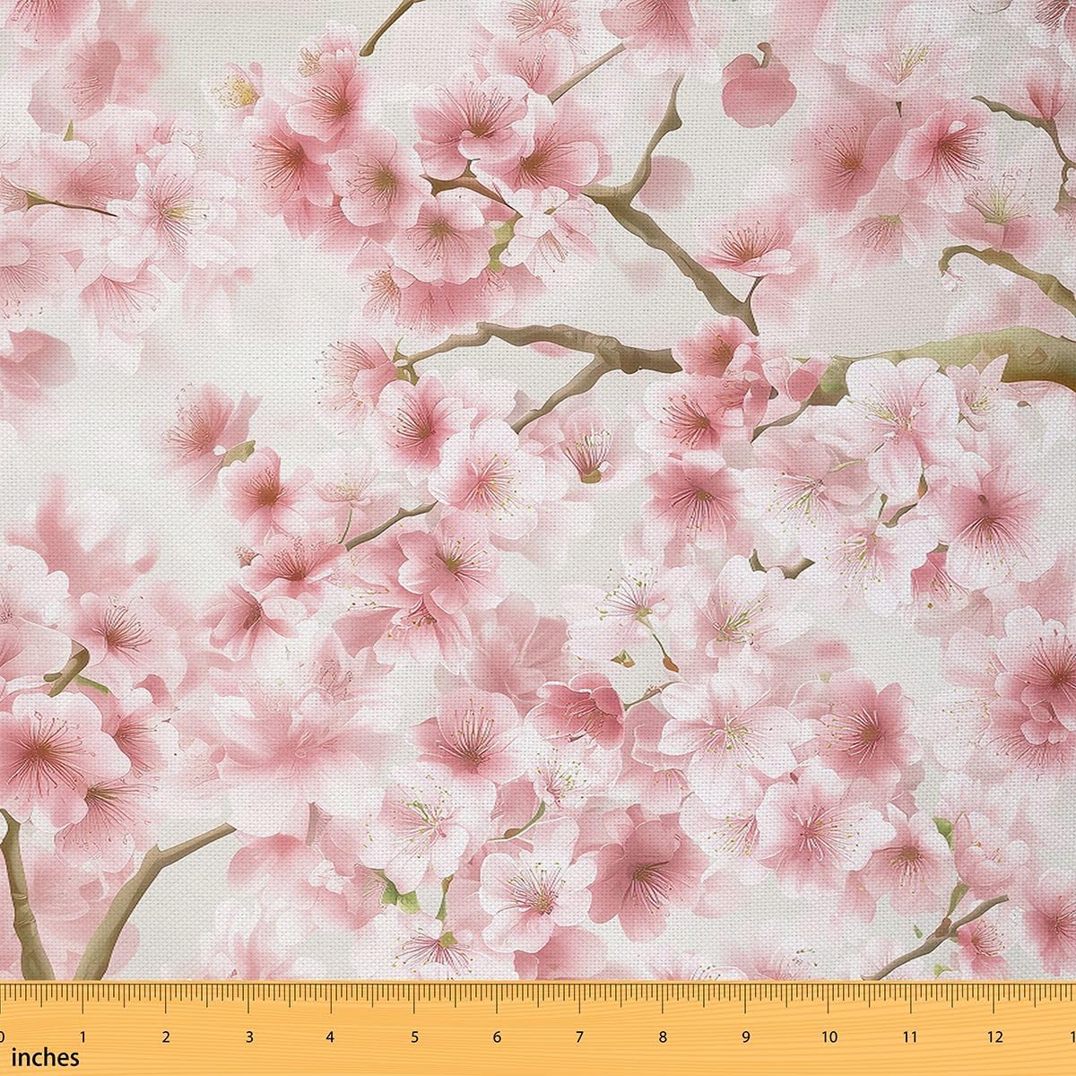 Cherry Blossom Upholstery Fabric, Japanese Flower Fabric By The Yard, Pink Floral Branch Decorative Fabric, Romantic Plant Petals Waterproof Outdoor Fabric, Upholstery and Home Accents, 10 Yards