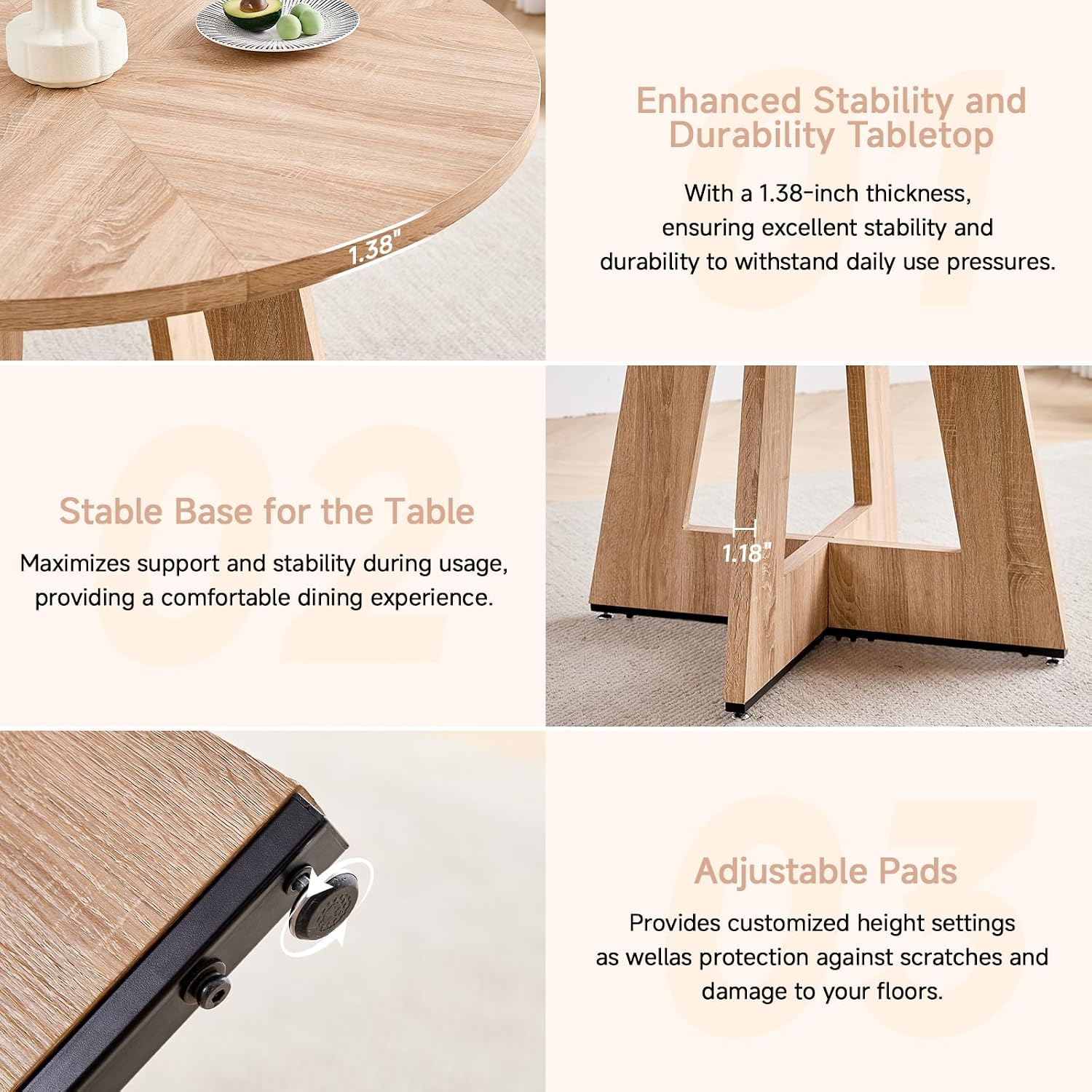 47' Round Dining Table Set for 4 with Chairs Kitchen Table and Chairs Set Mid-Century Modern Chair with Metal Leg for Apartment Living Room(Natural Table with 4 Beige Chairs)