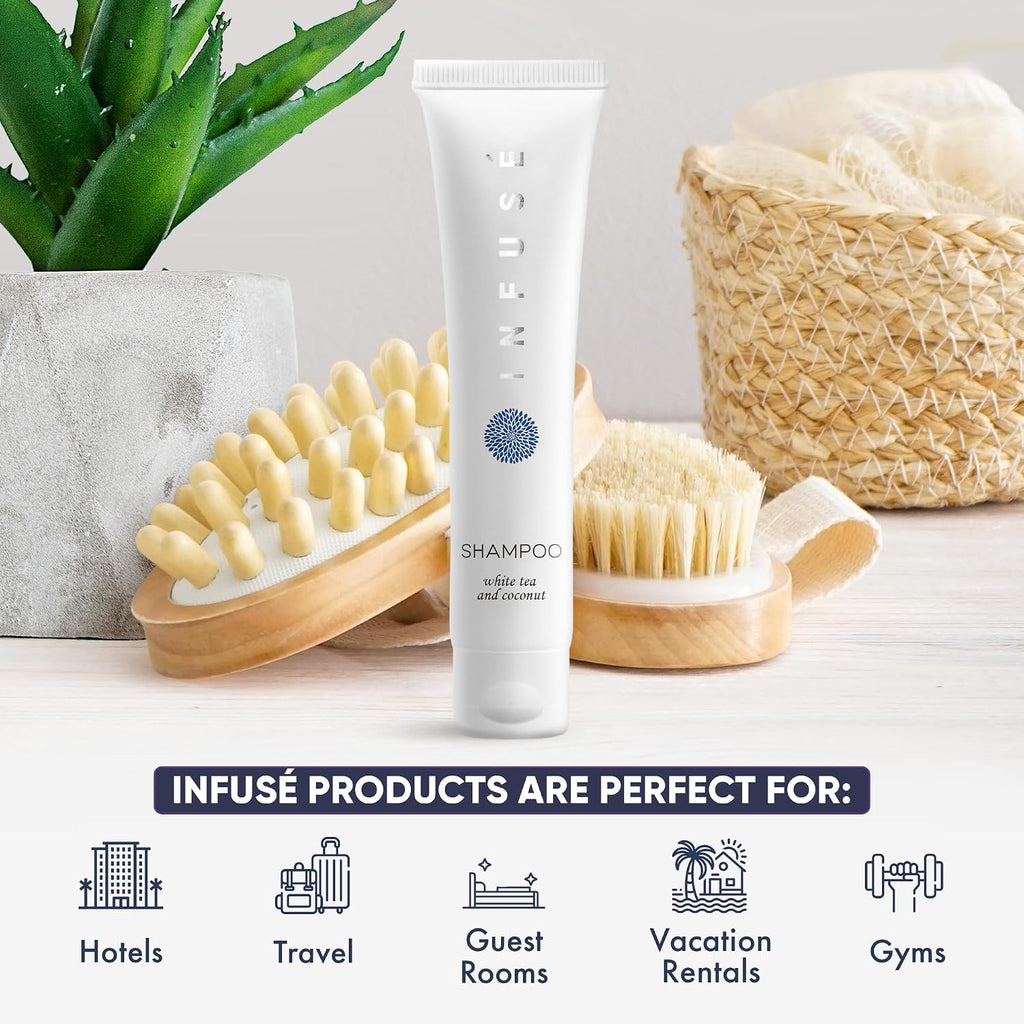 Travel Size Hotel Shampoo 200 Count 1 oz Bottles Guest Amenities for Hotels Vacation Rentals and Short Term Rentals Paraben Free White Tea and Coconut Scent Infused with Aloe and Olive Oil by INFUSE