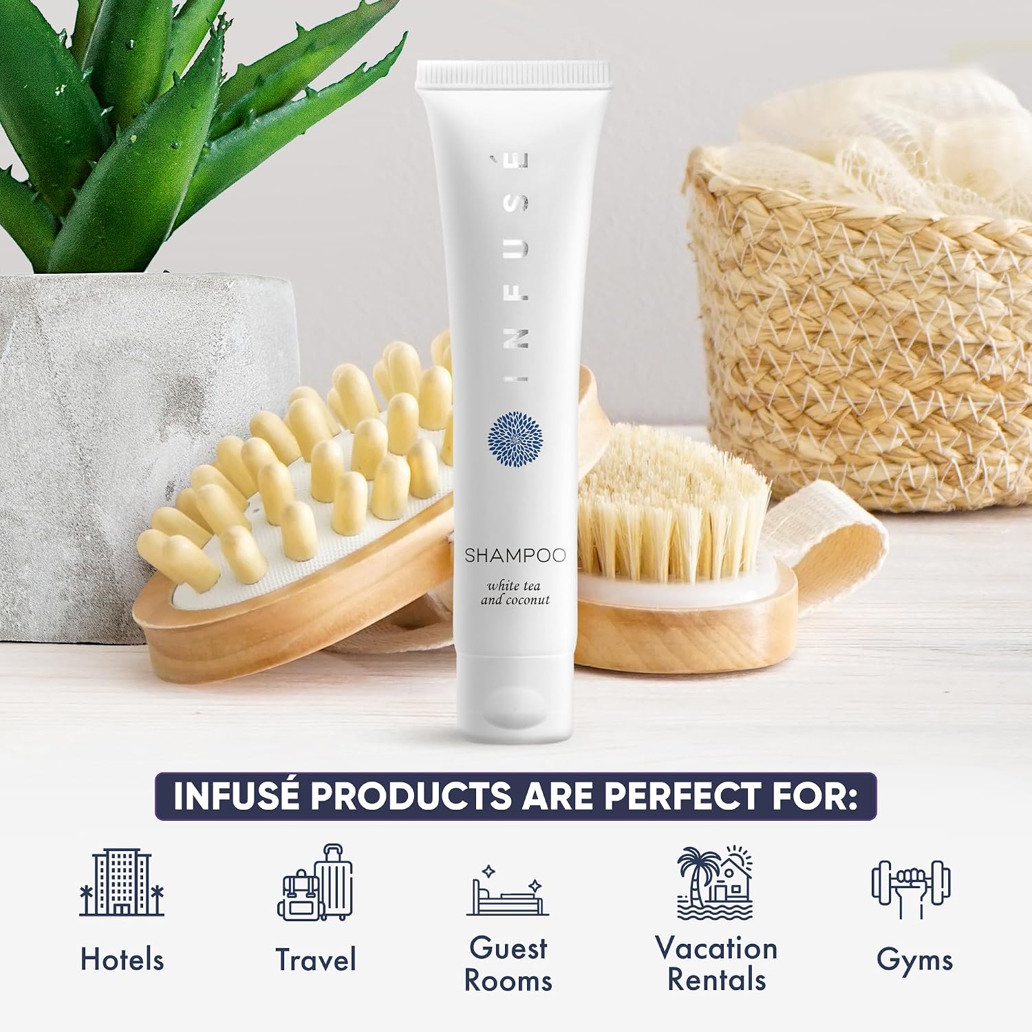 Travel Size Hotel Shampoo 200 Count 1 oz Bottles Guest Amenities for Hotels Vacation Rentals and Short Term Rentals Paraben Free White Tea and Coconut Scent Infused with Aloe and Olive Oil by INFUSE