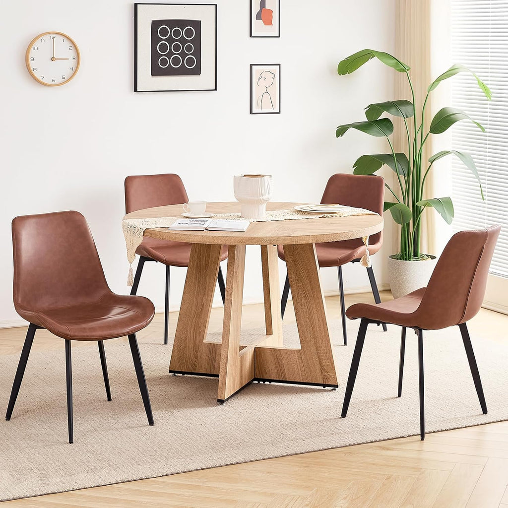 47 inch Round Dining Table Set for 4 with Chairs Kitchen Table and Chairs Set Mid-Century Modern Round Wood Kitchen Tables with Upholstered Synthetic Leather Chairs Set of 4