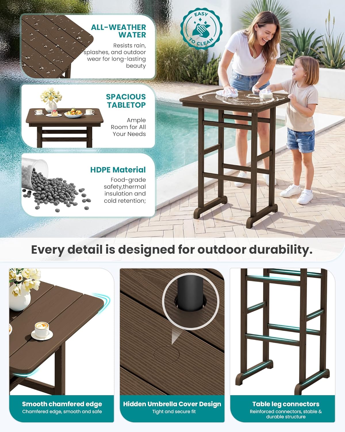SERWALL HDPE Outdoor Patio Bar Set, Tall Adirondack Bar Chair and Table Set (Coffee, 3 pcs)