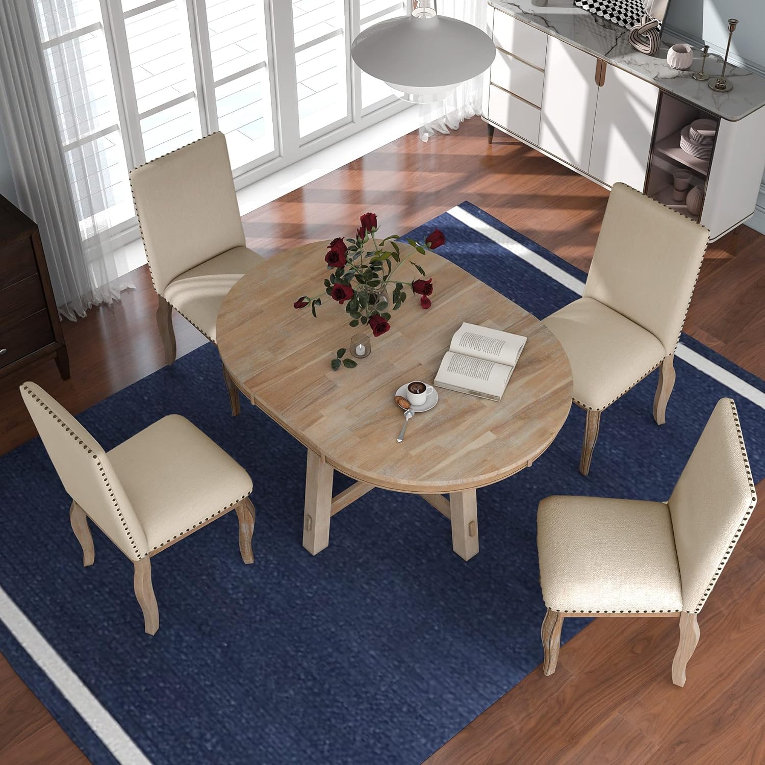 Harper & Bright Designs Kitchen Dining Table Set for 4, Wood Round Extendable Dining Table and 4 Dining Chairs Dining Table Set (Natural Wood Wash), ST000074AAE-MZJ