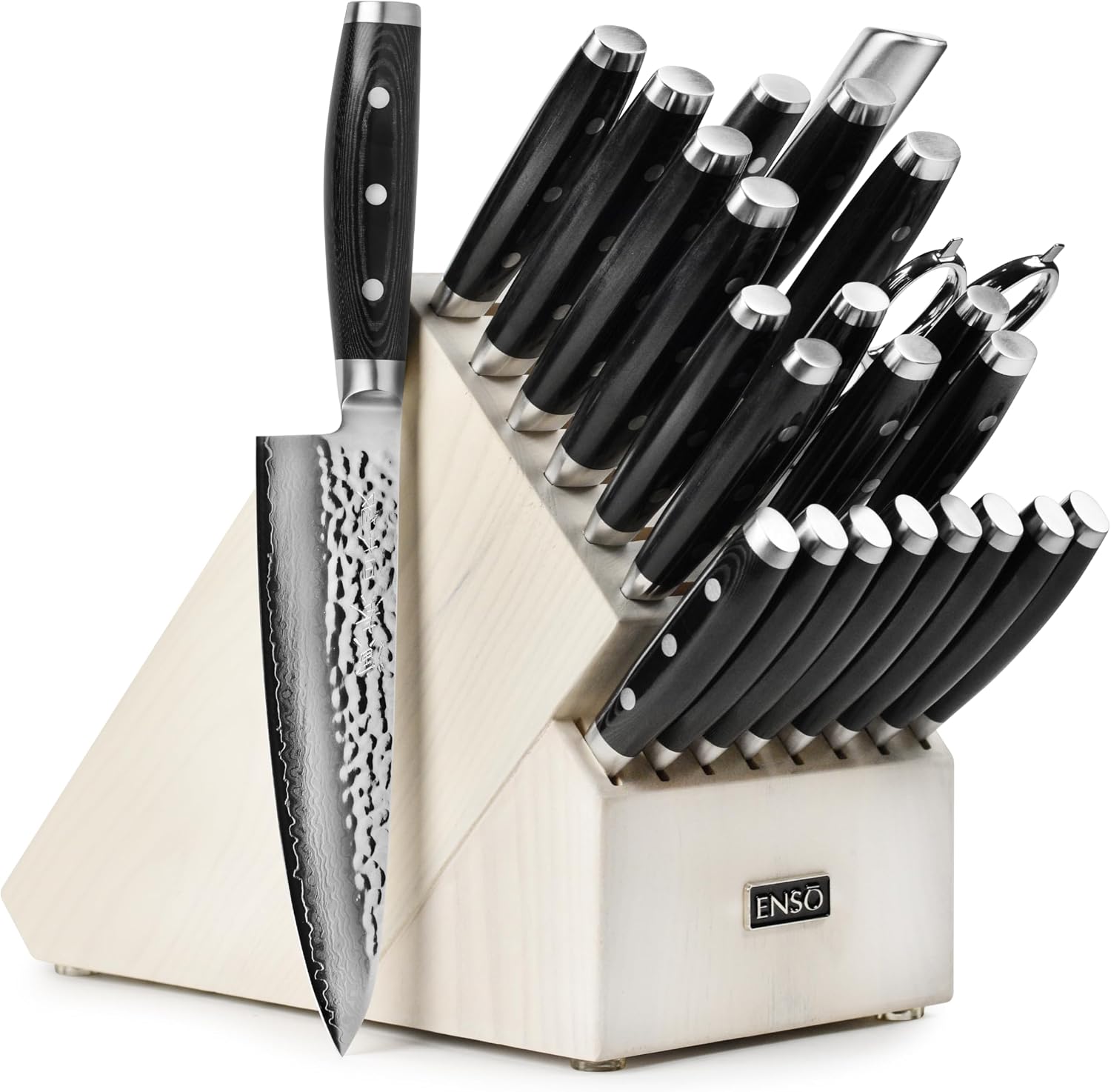 Enso Knife Set - Made in Japan - HD Series - VG10 Hammered Damascus Japanese Stainless Steel with Gray Ash Knife Block - 25 Piece