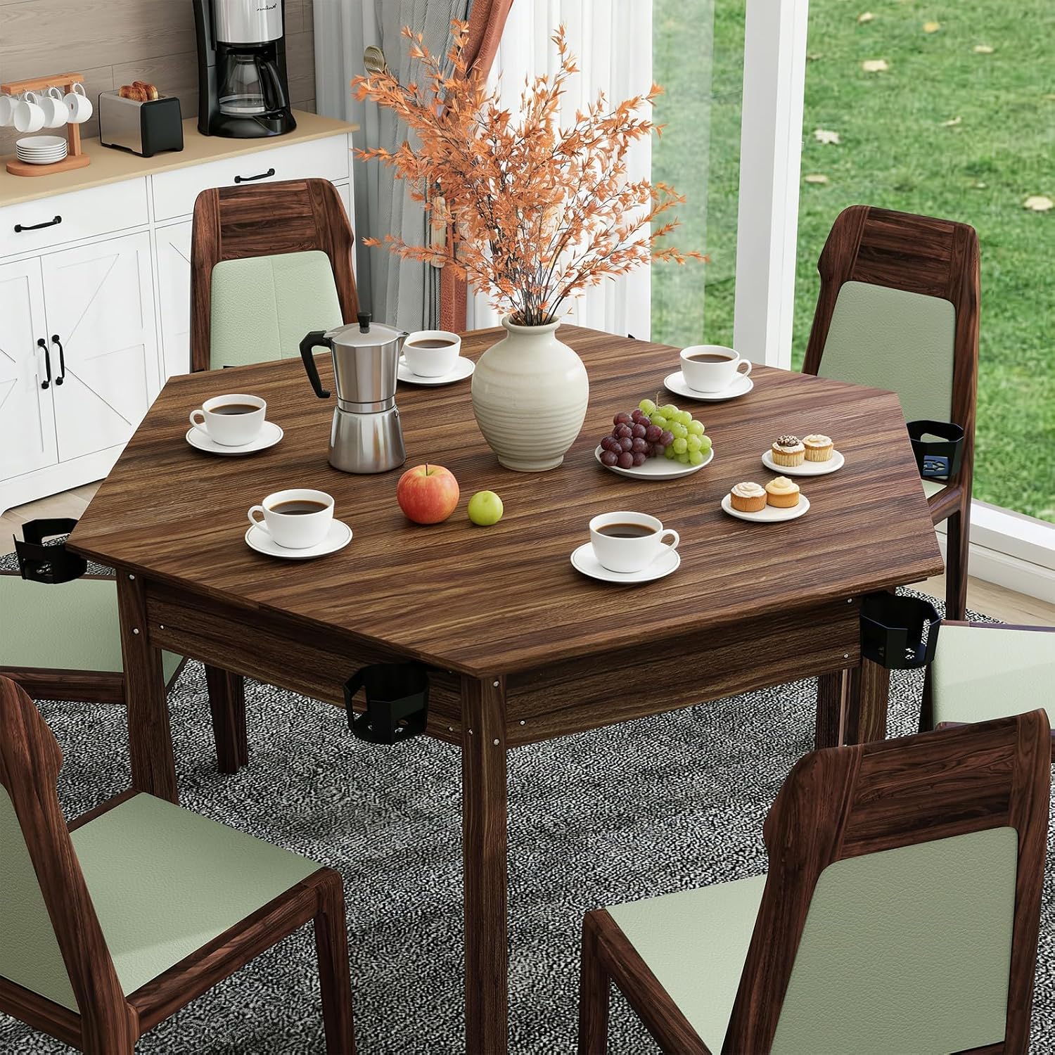Board Game Table with Rotating Cup Holders for 6 Players, Hexagon Gaming and Dining Table with Removable Table Top & Non-Slip Play Mat, Multifunctional Table with for DND/Poker/Card Games