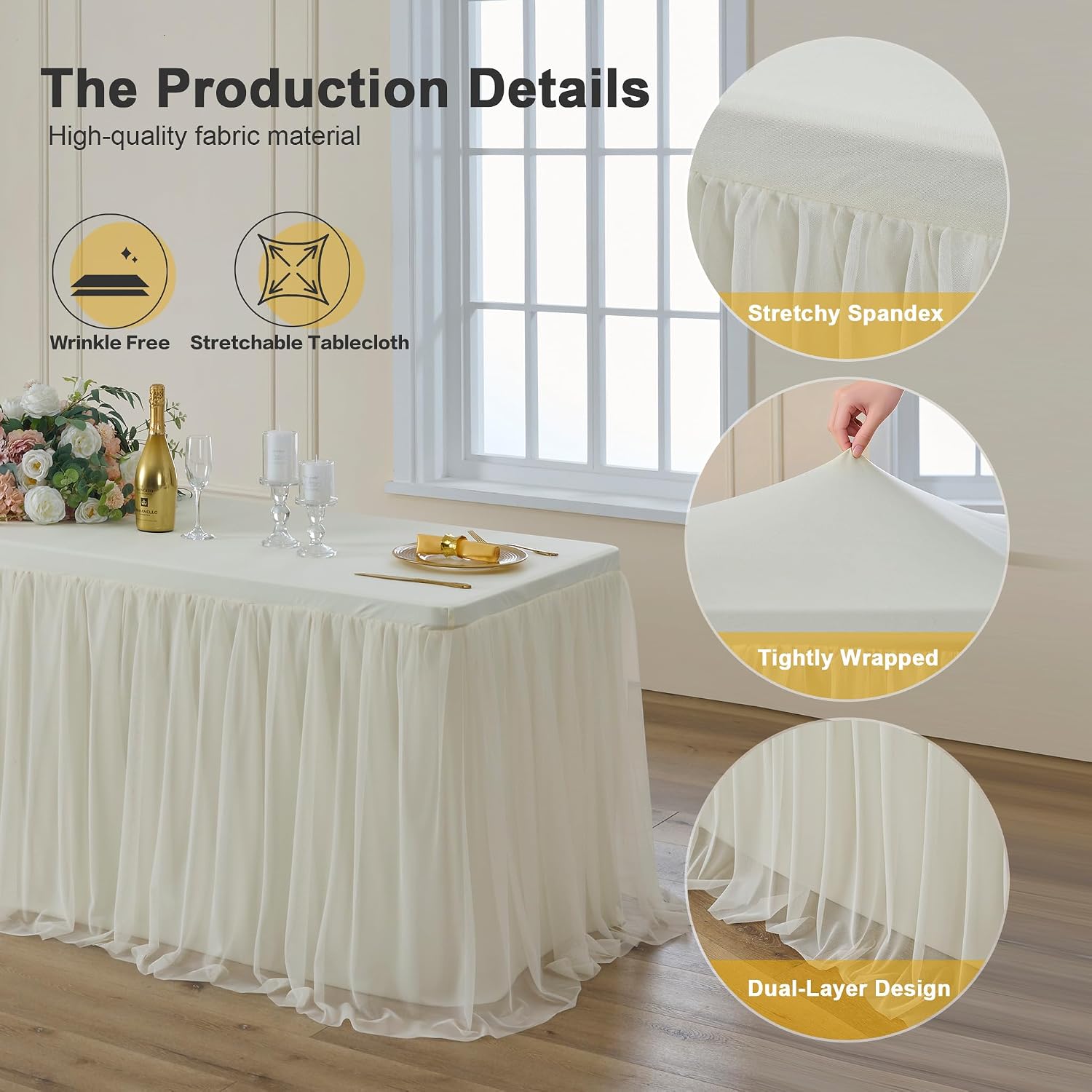 familus Ivory Table Cloths 6 Foot Rectangle 6 Pack Stretch Ruffle Tulle Tablecloth Spandex Fitted Table Cover for 6 Foot Tulle Table Skirts for Party Wedding Table Cloths, Banquets