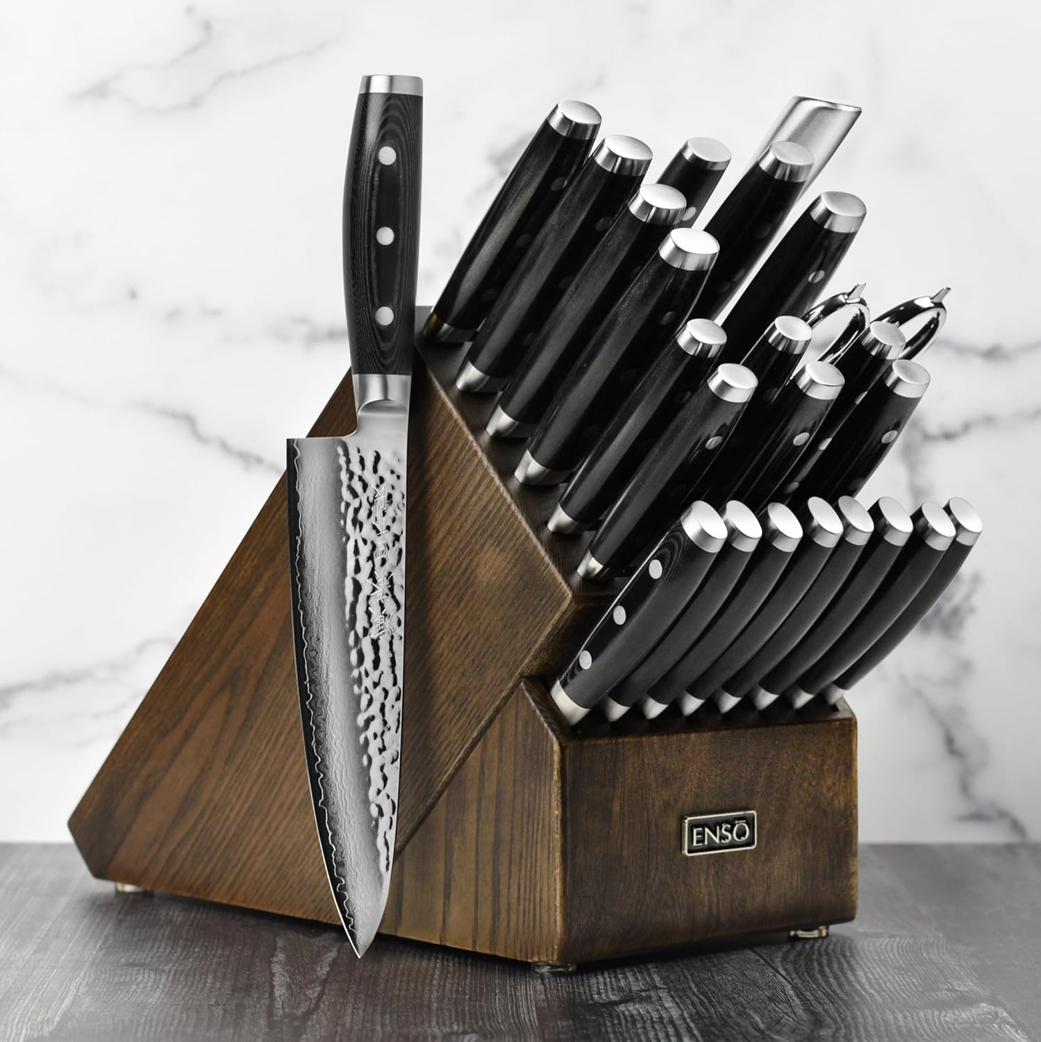 Enso Knife Set - Made in Japan - HD Series - VG10 Hammered Damascus Japanese Stainless Steel with Dark Ash Knife Block - 25 Piece