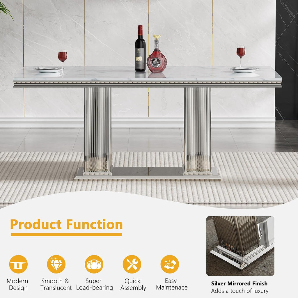 68' White Marble Dining Table for 6 to 8, Luxury Large Rectangular Faux Marble Tabletop & Silver Double Pedestal Base, Mid Century Modern Kitchen Dining Room Table for Dinner Family Gathering