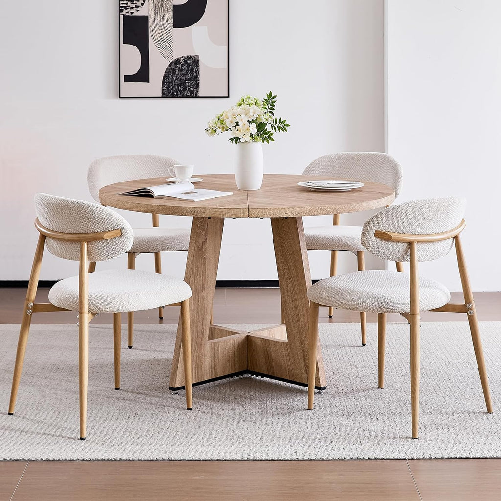 47' Round Dining Table Set for 4 with Chairs Circle Kitchen Table and Chairs Set Mid-Century Modern Chair with Metal Legs for Apartment Living Room(1 Natural Table + 4 Beige Chairs)