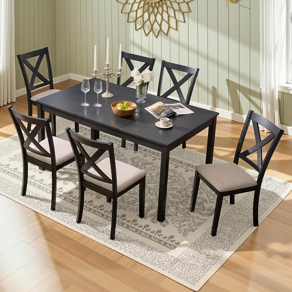 LUXOAK 7-Piece Solid Wood Dining Table Set, 60' Farmhouse Dining Table with 6 Chairs, Rectangular Table Set for 6, Kitchen & Dining Room Furniture, Grey & White