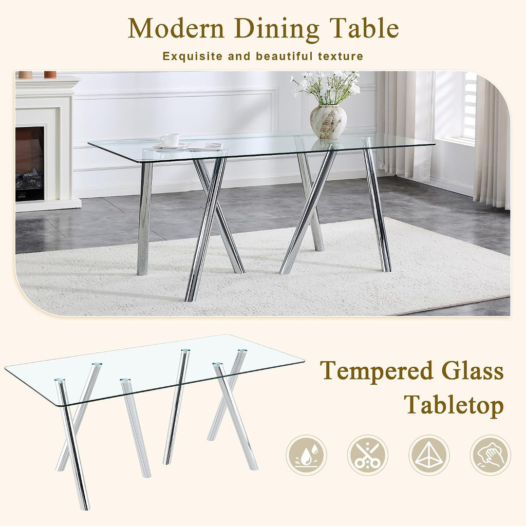71' Glass Silver Dining Table for 4 6, Modern Kitchen Dining Room Table with 0.39' Thick Tempered Glass Tabletop and Metal Legs, Large Rectangle Dinner Tables for Home Kitchen Living Room