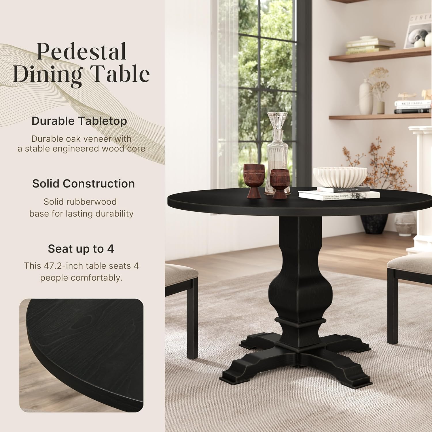 Roundhill Furniture Havre Pedestal Base Round Dining Table, Black