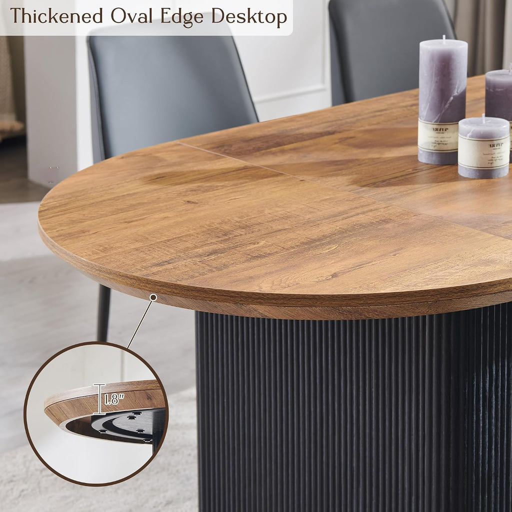 T4TREAM 63' Fluted Oval Dining Table for 4-6, Mid-Century Modern Kitchen Table with Thickened Edge & Strip Base, Wood Luxury Table for Dining Room/Kitchen/Home Office, Gold Brown&Black(Table Only)
