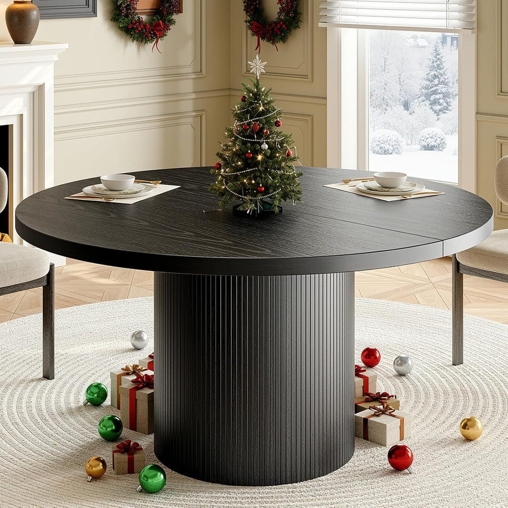 47 inch Round Dining Table for 4, Circle Kitchen Table with Wood Strip Base, Modern Farmhouse Dinner Tables for Kitchen, Living Room (Black)