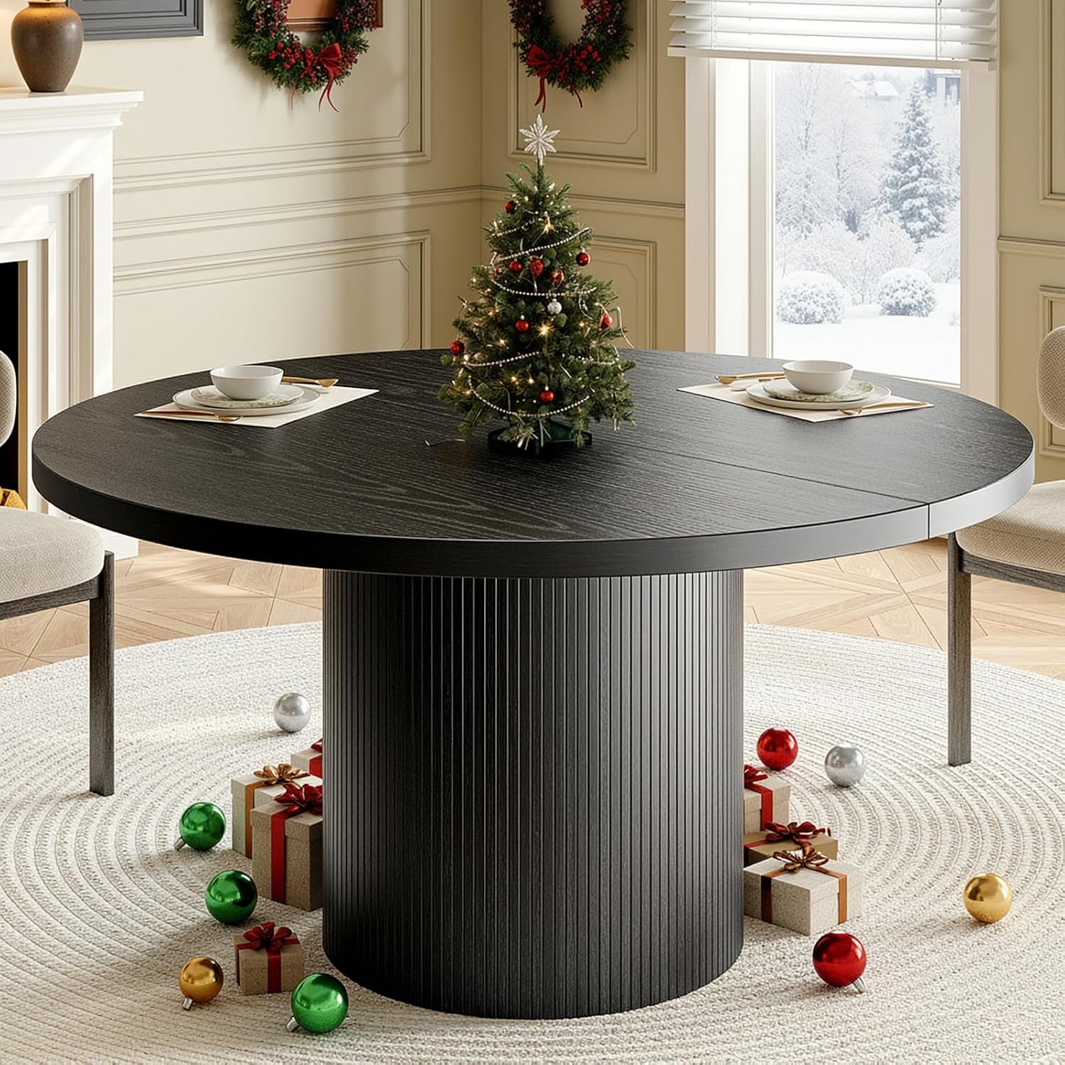 47 inch Round Dining Table for 4, Circle Kitchen Table with Wood Strip Base, Modern Farmhouse Dinner Tables for Kitchen, Living Room (Black)
