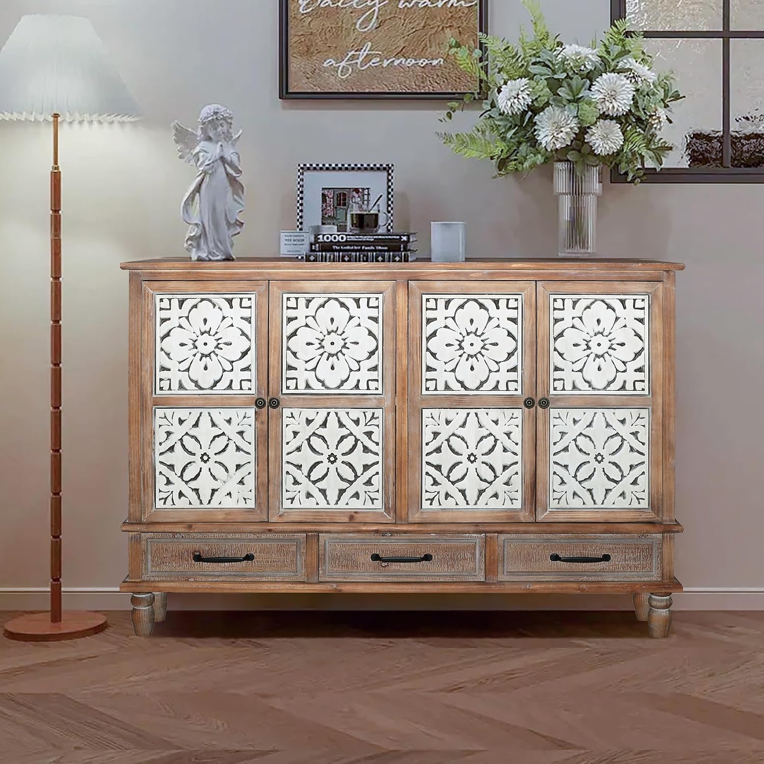 LKTART 59' Vintage Sideboard Buffet Cabinet with Storage,French Country Sideboard with Carved Doors,Farmhouse Credenza Accent Cabinet, Natural Wood