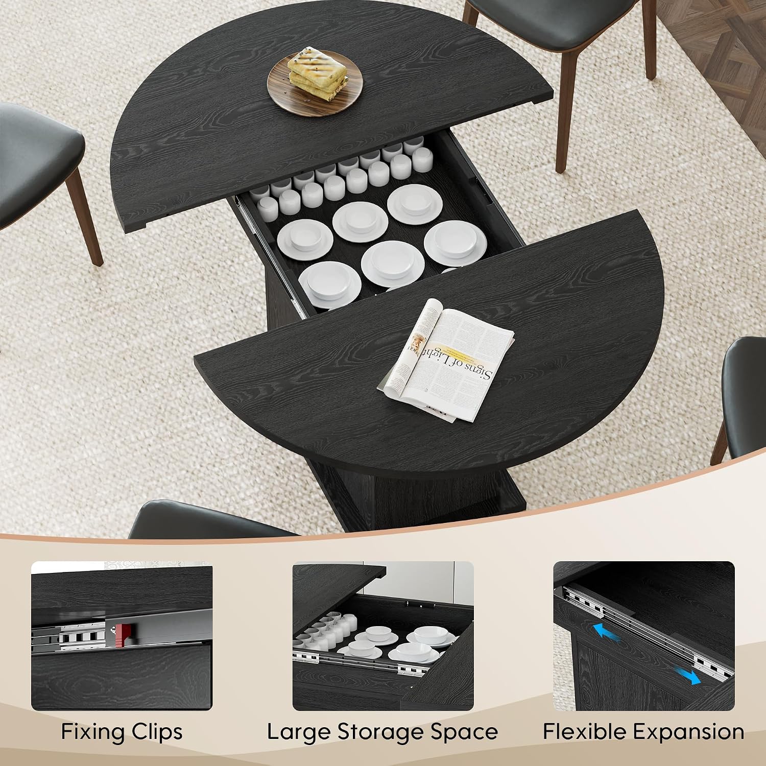 43.3in-59in Extendable Round Dining Table for 4-8, Modern Expandable Kitchen Oval Dining Table, Space Saving Circle Dining Room Table with Storage Shelf for Kitchen Living Room