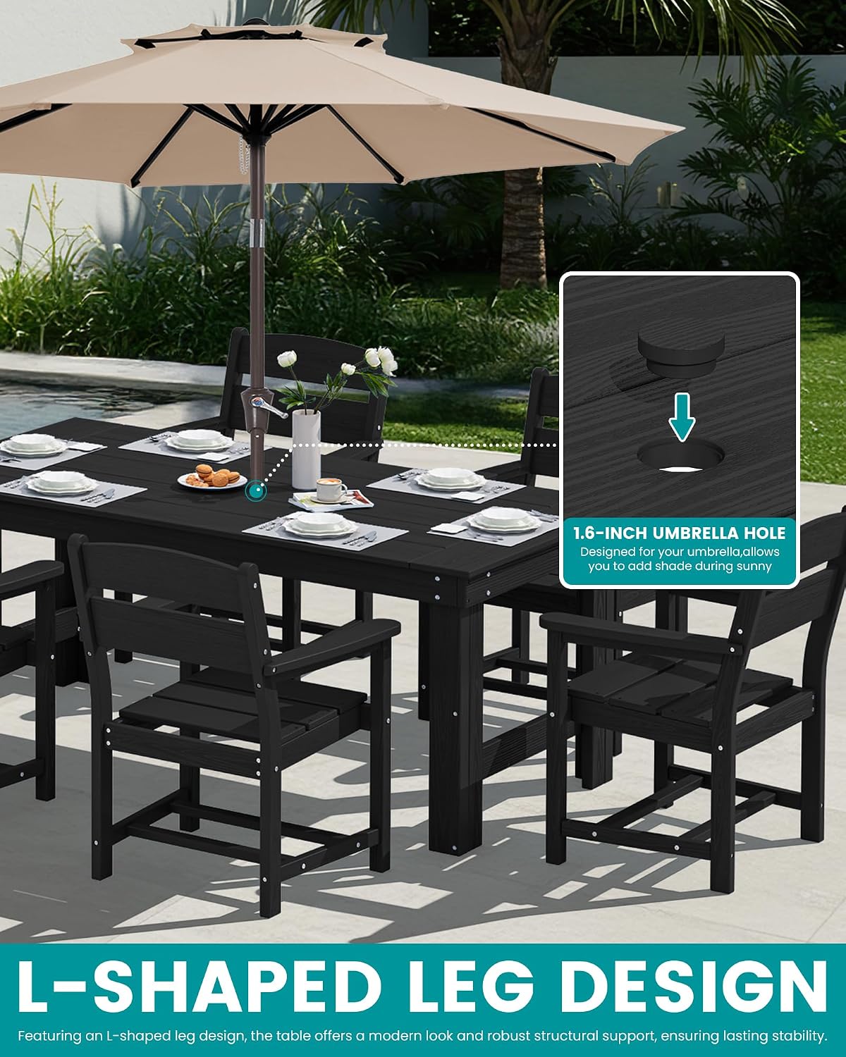 SERWALL Outdoor Dining Table Set, 67'' HDPE Patio Dining Set for 4, All-Weather Outdoor Table and Chairs Set for Deck, Black