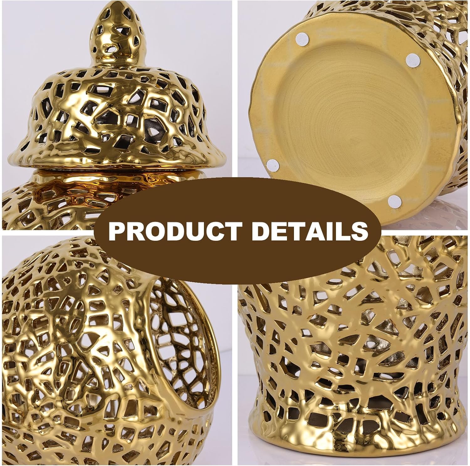 Gold Pierced Ginger Jar Vase with Lid - 15.7' Tall Decorative Ceramic Jar for Home Decor, Centerpiece for Living Room, Dining Room, Entryway, or Office, Large Gold Vase for Flowers