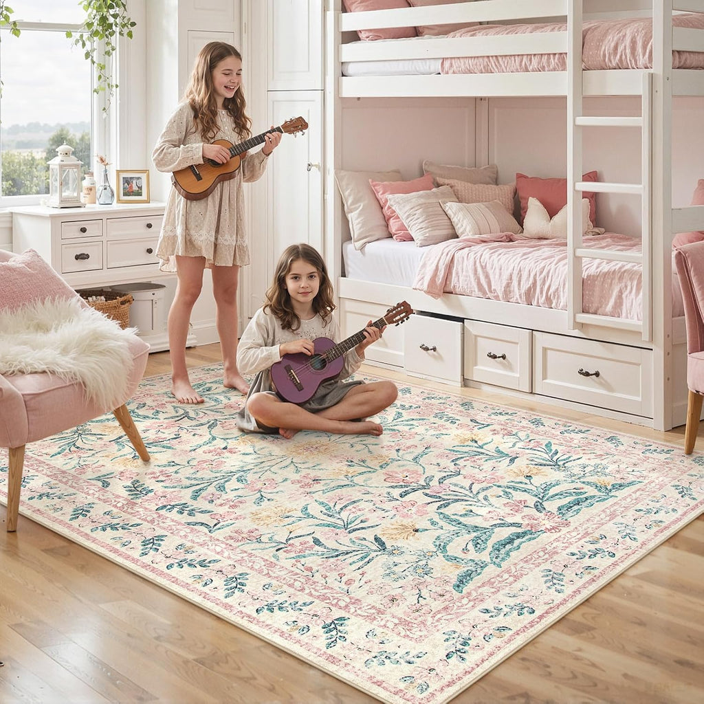Lahome Sylvie 6x9 Pink Rug for Girls Bedroom, Boho Cottage Core Floral Dorm Classroom Rug, Soft Low Pile Girl Nursery Decor for Living Room Kids Playroom Guestroom, Blush
