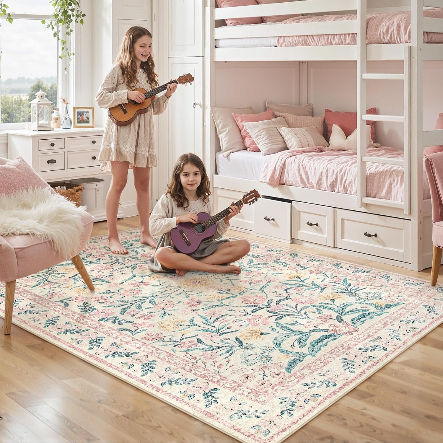 Lahome Sylvie 6x9 Pink Rug for Girls Bedroom, Boho Cottage Core Floral Dorm Classroom Rug, Soft Low Pile Girl Nursery Decor for Living Room Kids Playroom Guestroom, Blush