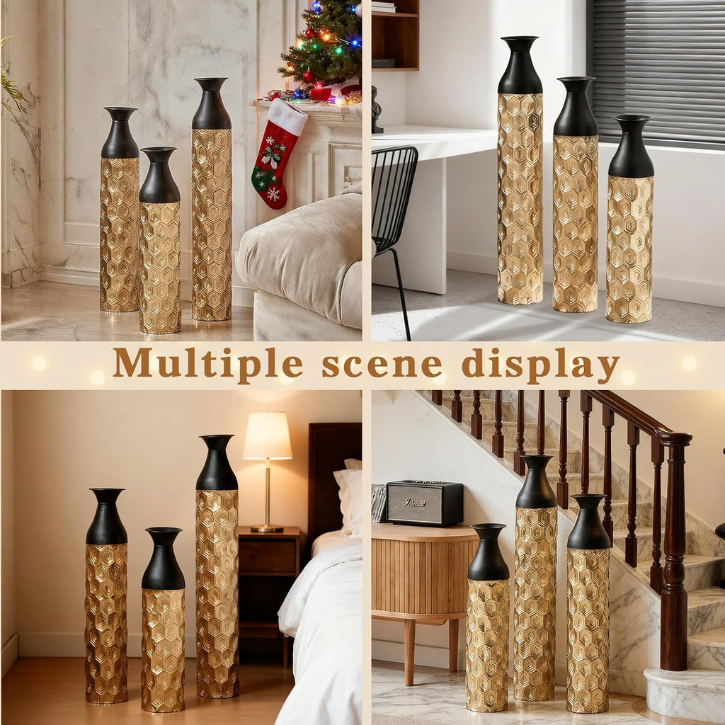 Floor Metal Decorated Vases Set of 3 for Gorgeous Home Decoration Large Glazed Metal Vases (Black+Gold)