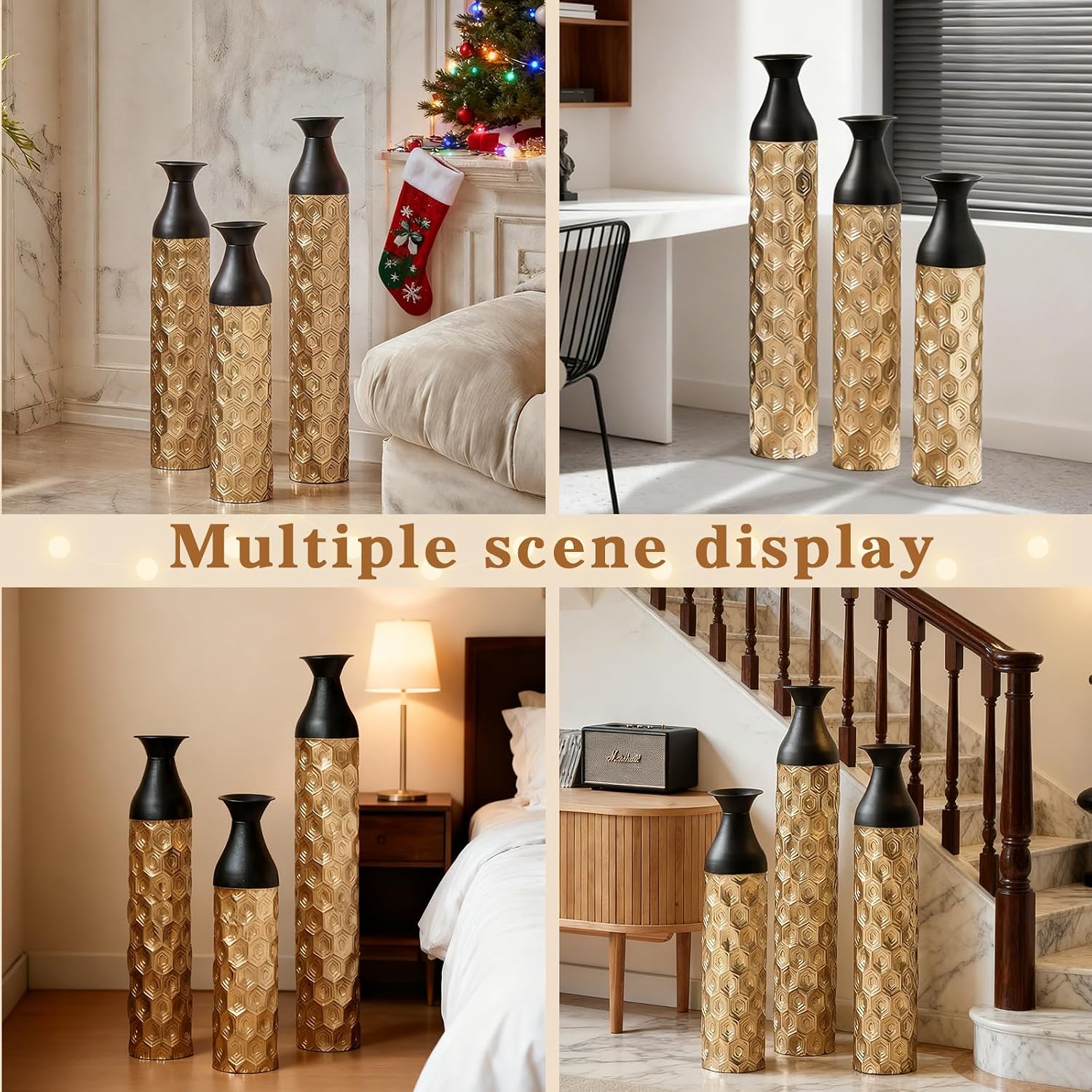 Floor Metal Decorated Vases Set of 3 for Gorgeous Home Decoration Large Glazed Metal Vases (Black+Gold)