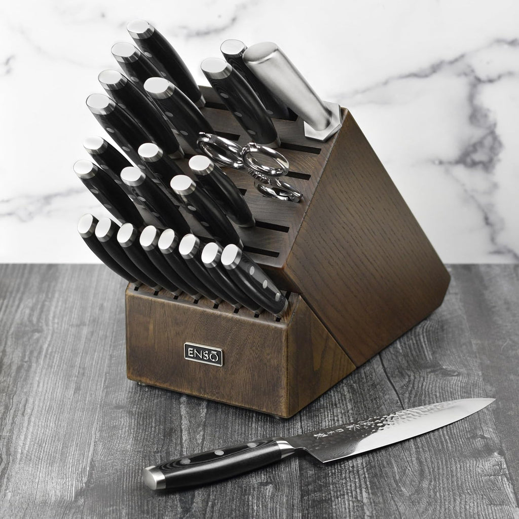 Enso Knife Set - Made in Japan - HD Series - VG10 Hammered Damascus Japanese Stainless Steel with Dark Ash Knife Block - 25 Piece