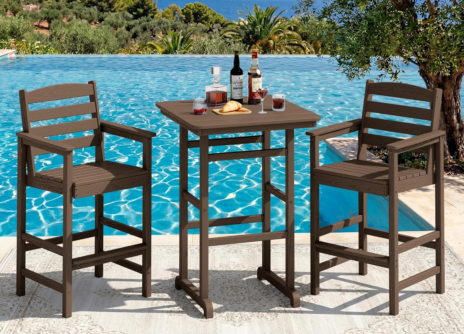 SERWALL HDPE Outdoor Patio Bar Set, Tall Adirondack Bar Chair and Table Set (Coffee, 3 pcs)