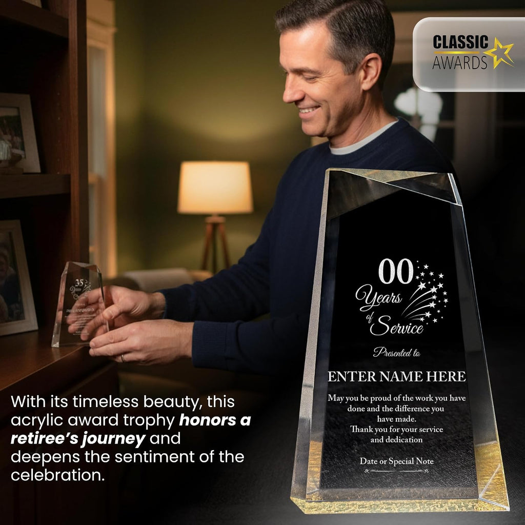 Personalized Acrylic Retirement Gifts For Men and Women, Laser Engraved Custom Trophy for Service Recognition, Years Of Service Retirement Trophy Award for Boss, Employee, Teacher (Clear Facet Wedge)