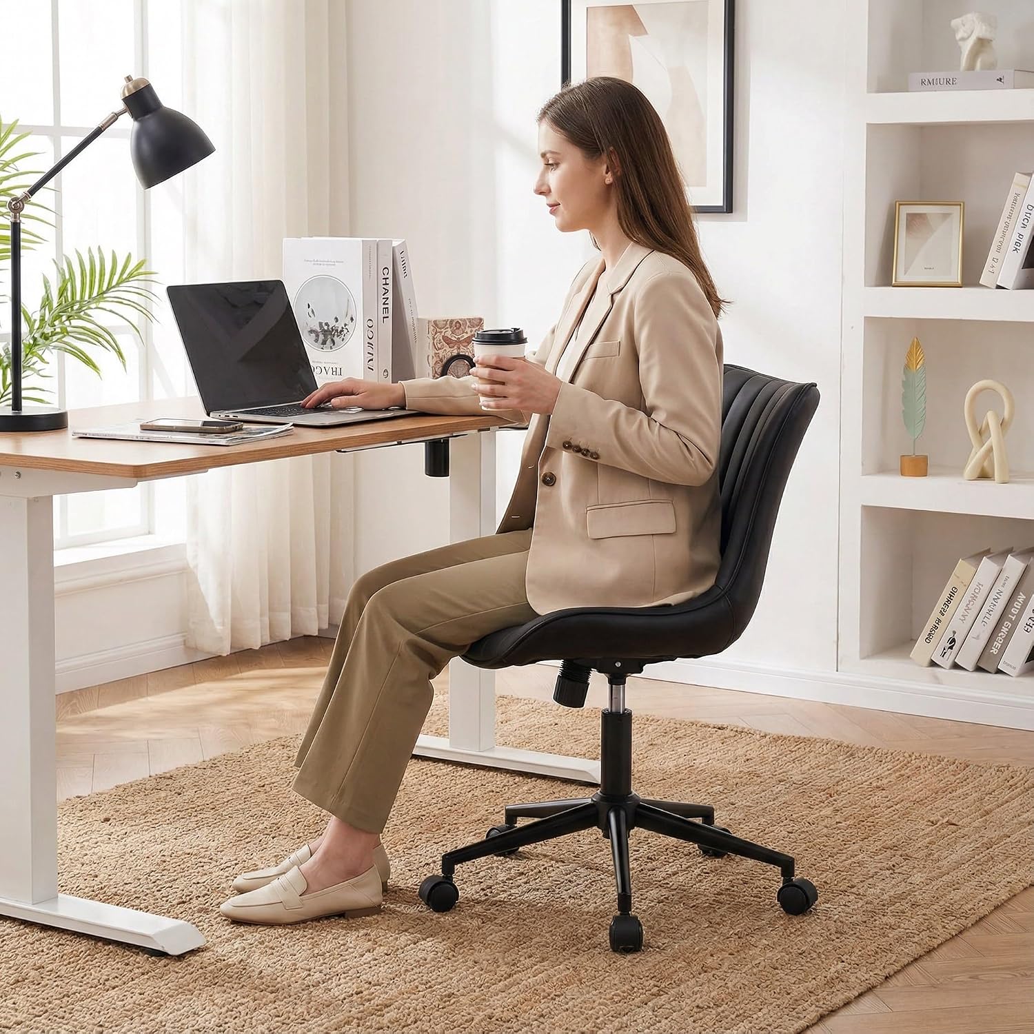 YOUNIKE Black Compact Home Office Desk Chair with Wheels Comfy Armless Cute Vanity Chair with Adjustable Rocking Back Modern Leather Upholstered Rolling Swivel Small Task Drafting Sewing Chair